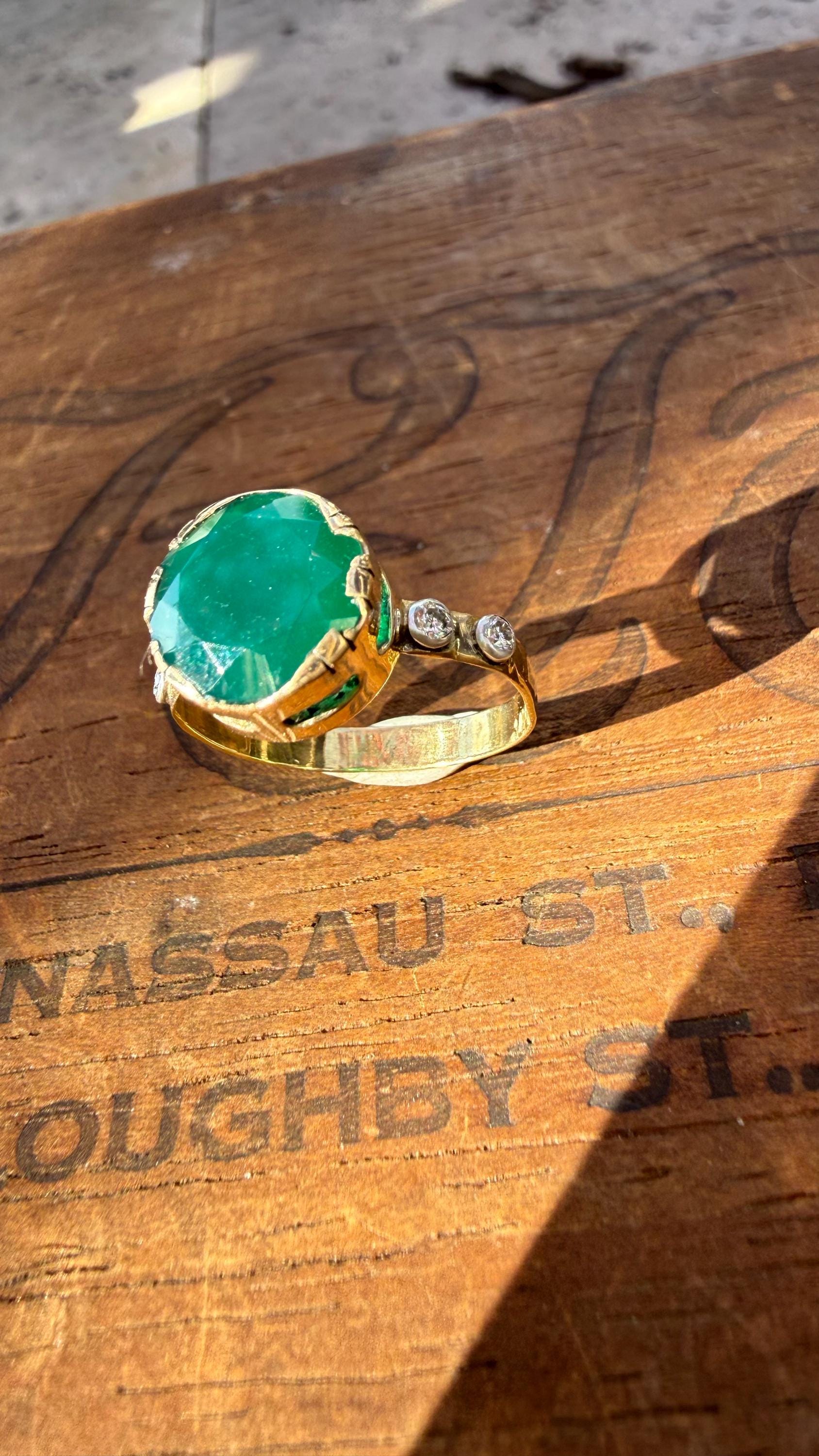 Handmade 2.5 Carat Emerald Ring: Vintage Diamond, 14k/18k Gold, Size 8