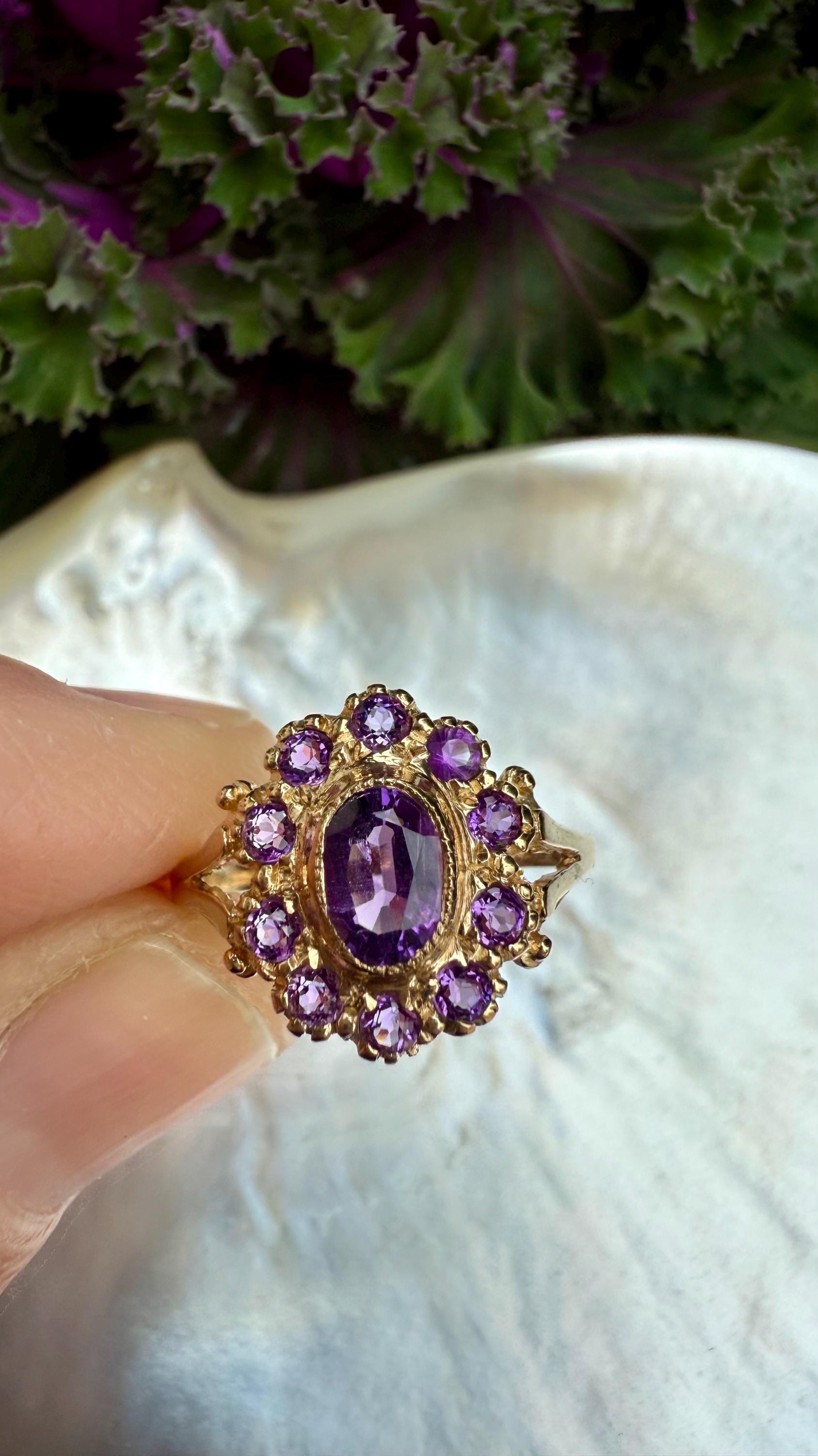 Vintage Amethyst Cluster Ring from England, 9K Gold; Size 8 1/4