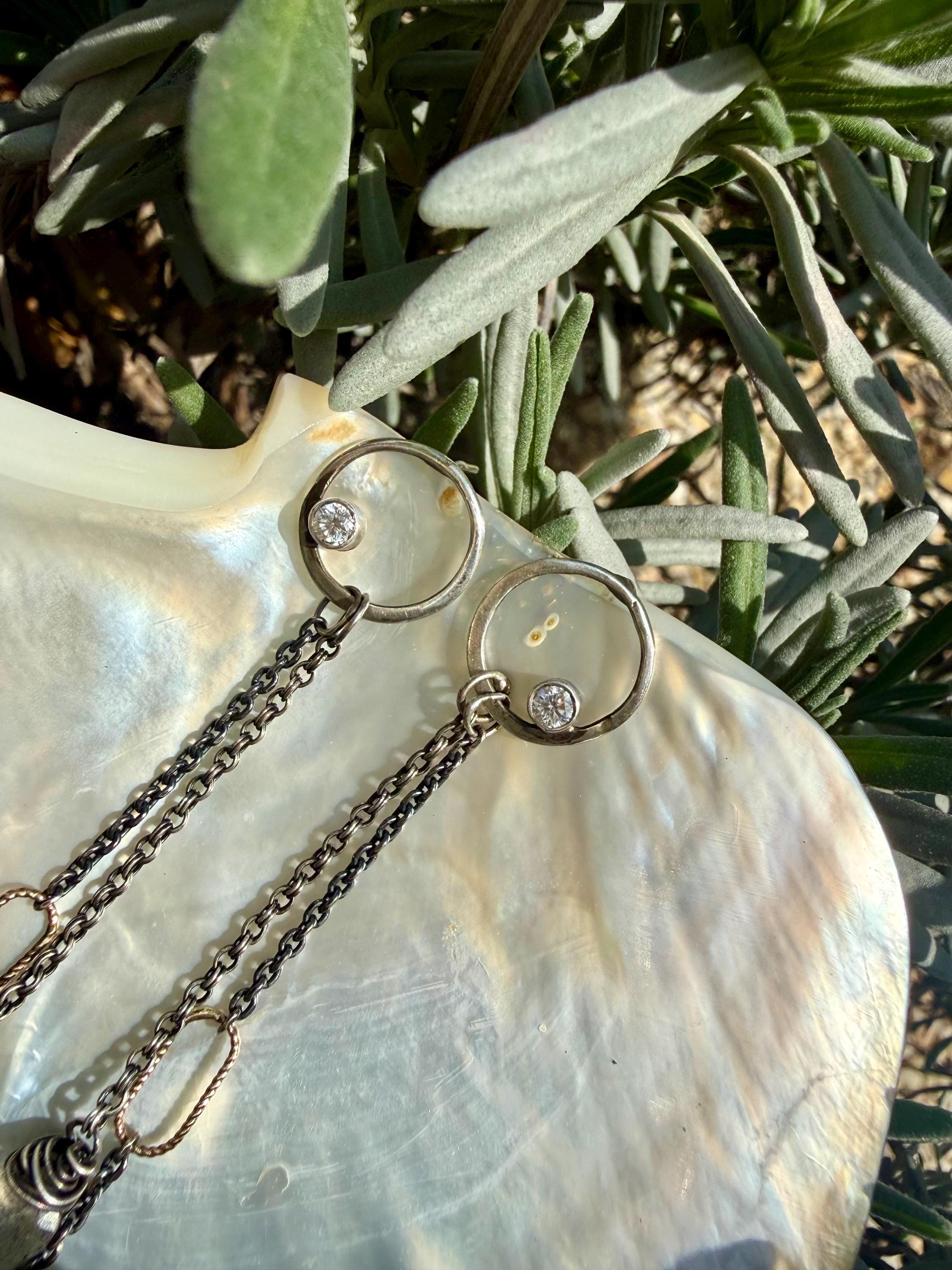 Hand-Forged Sterling Silver Earrings: Diamond, Black Pearl & Labradorite