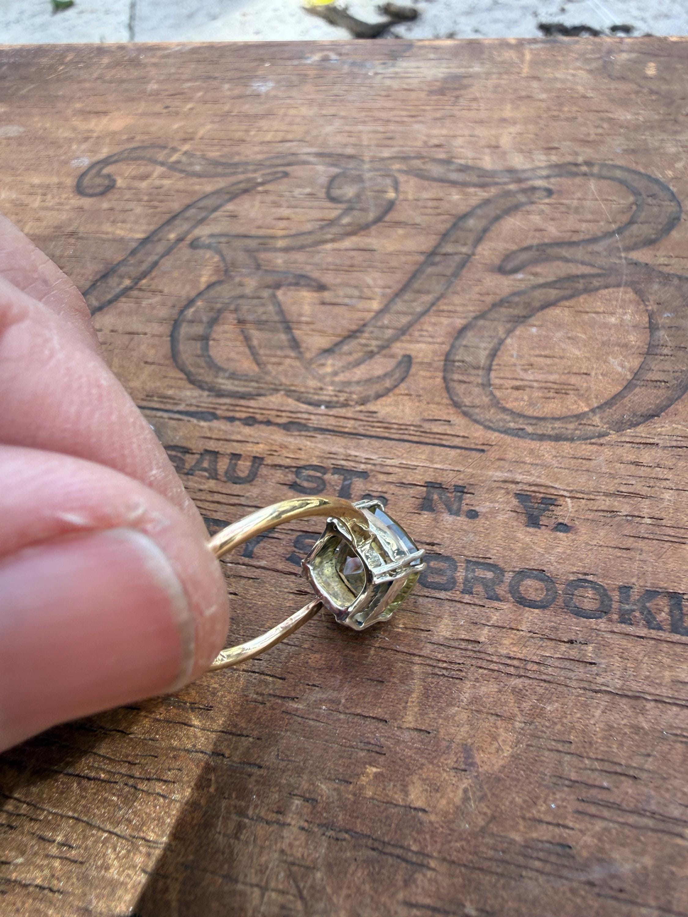 Handmade 2.3 Carats of Lemon Quartz Estate Stone and Vintage 14k Gold Band & Sterling Silver, Size 6.5