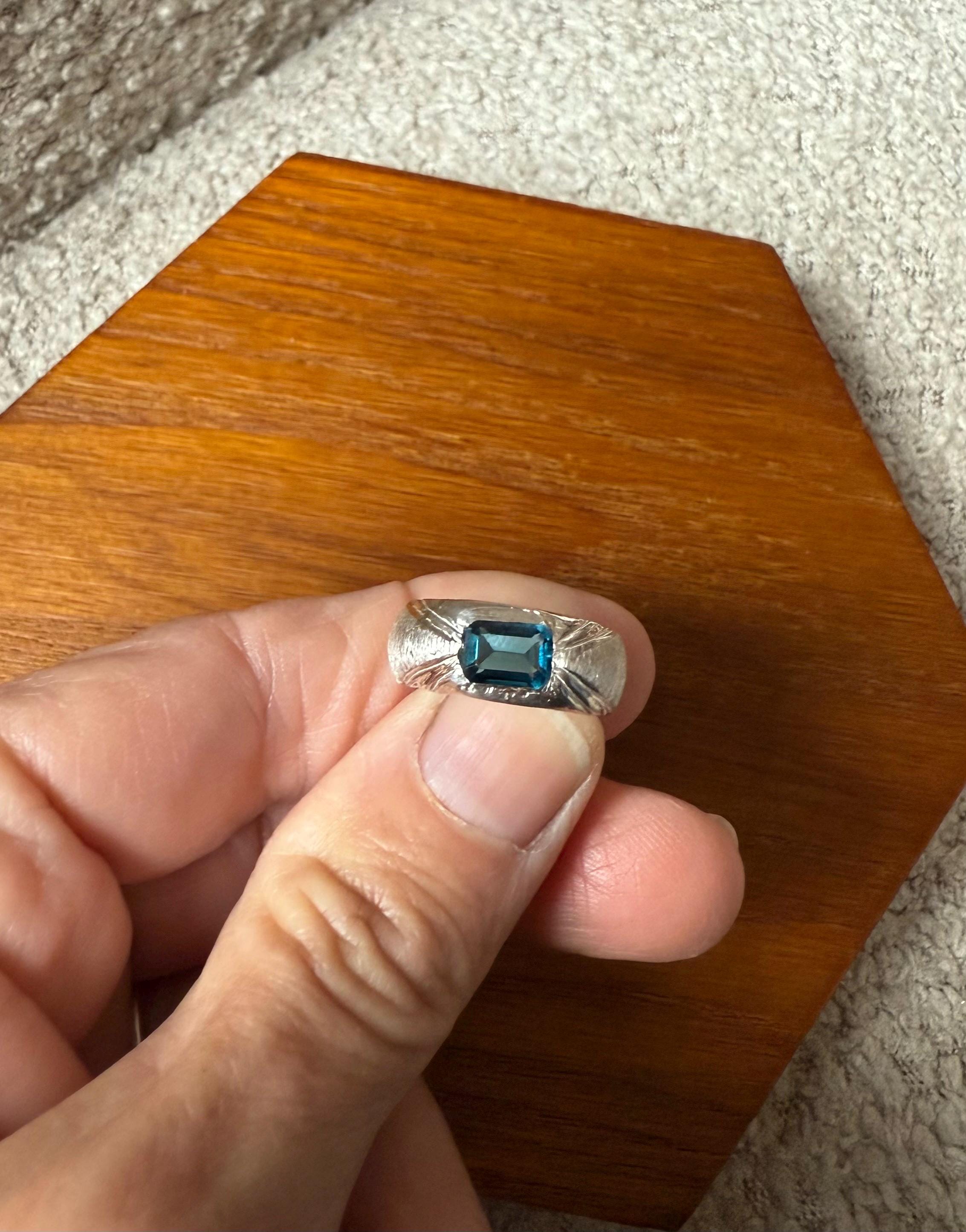 Hand Carved Fine Silver Dome Ring: London Blue Topaz, Size 7