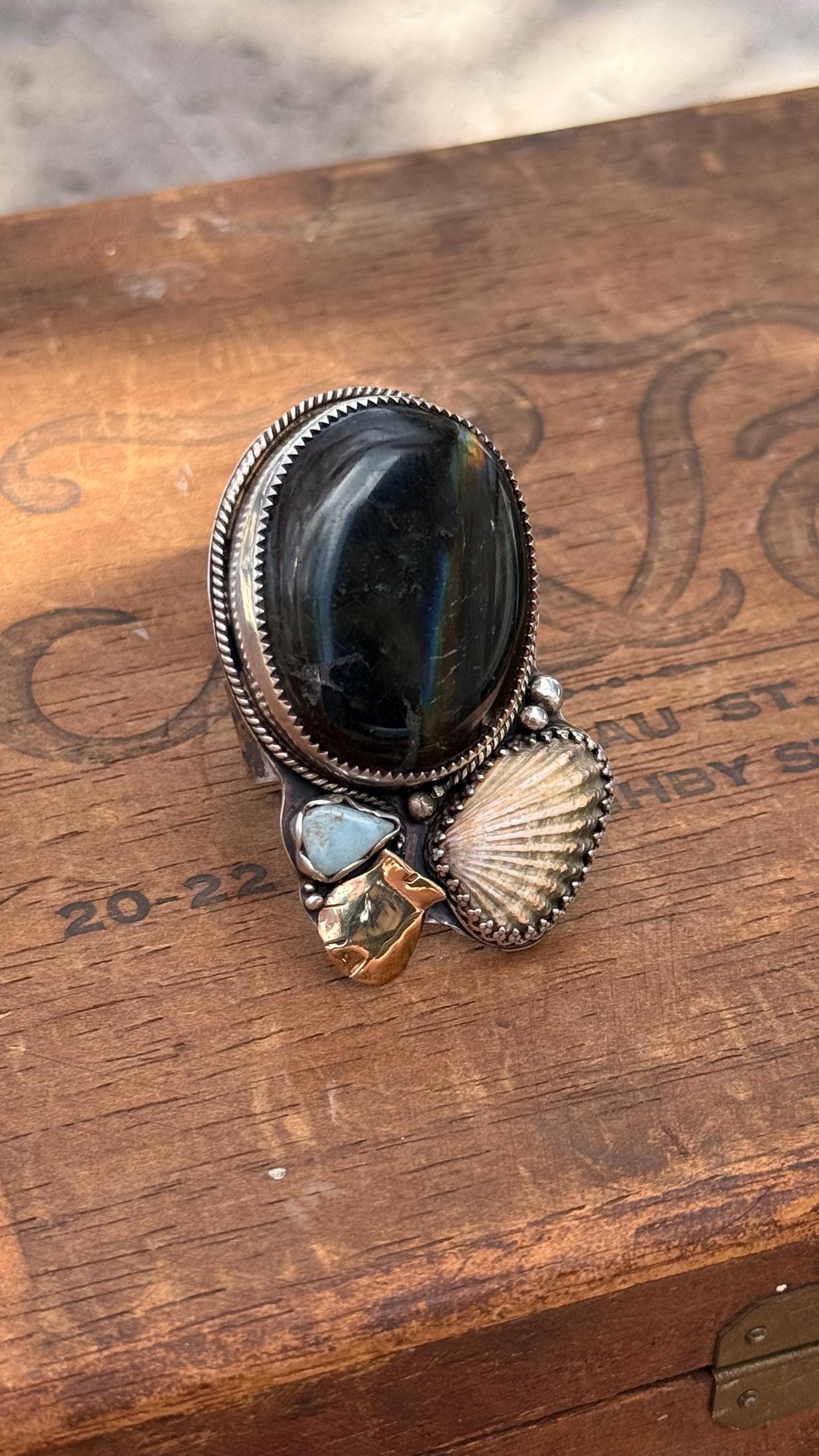 Flashing Labradorite, Broad-Ribbed Cardita Shell, Recycled Larimar, Cardita Shell, & Hand-Forged Scallop Shell in Mix of SS and 14KGF; 10MM Reticulated Band