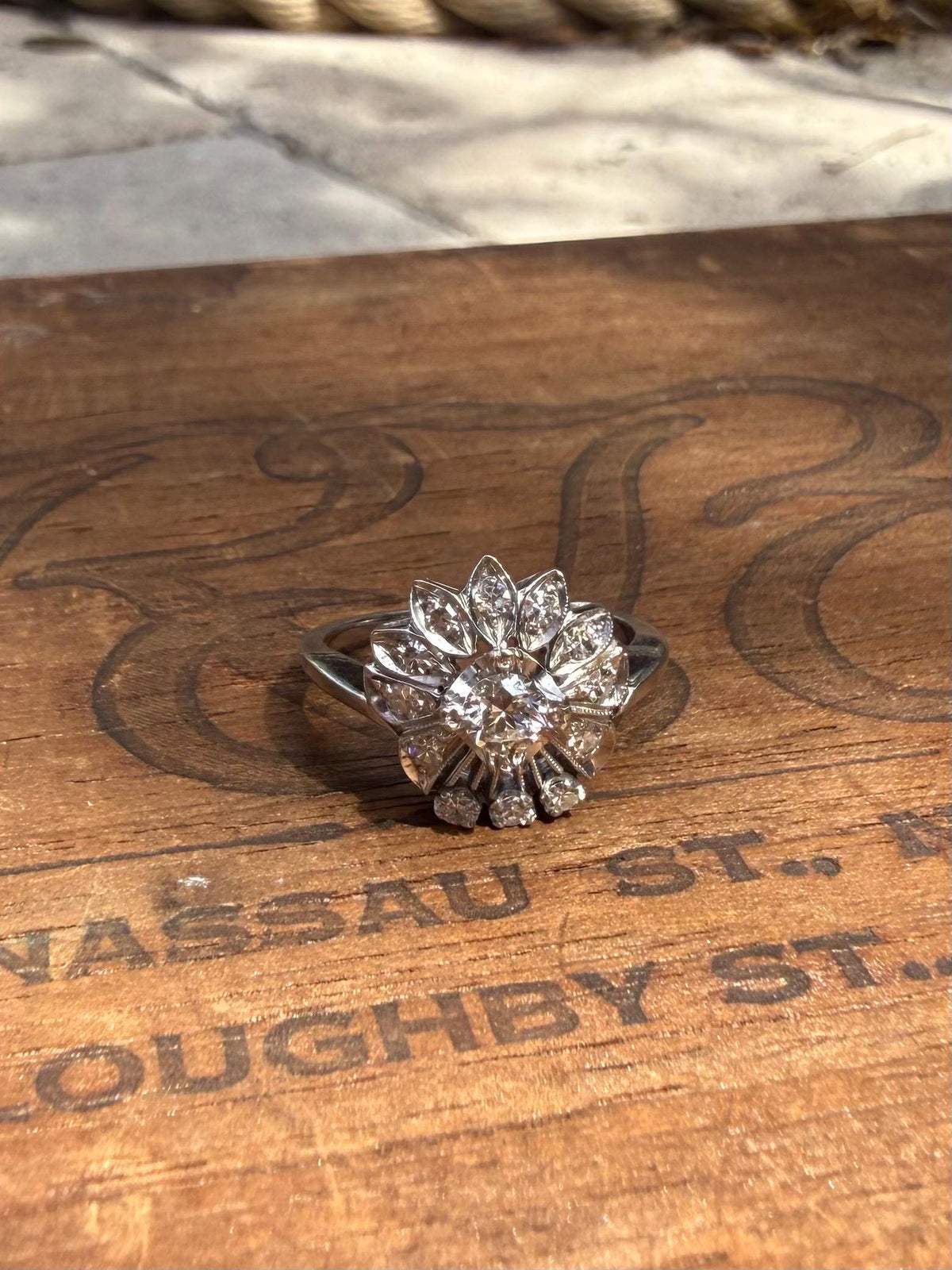 Antique Midcentury Cluster Flower Ring, Natural Diamonds, size 7. 1960’s