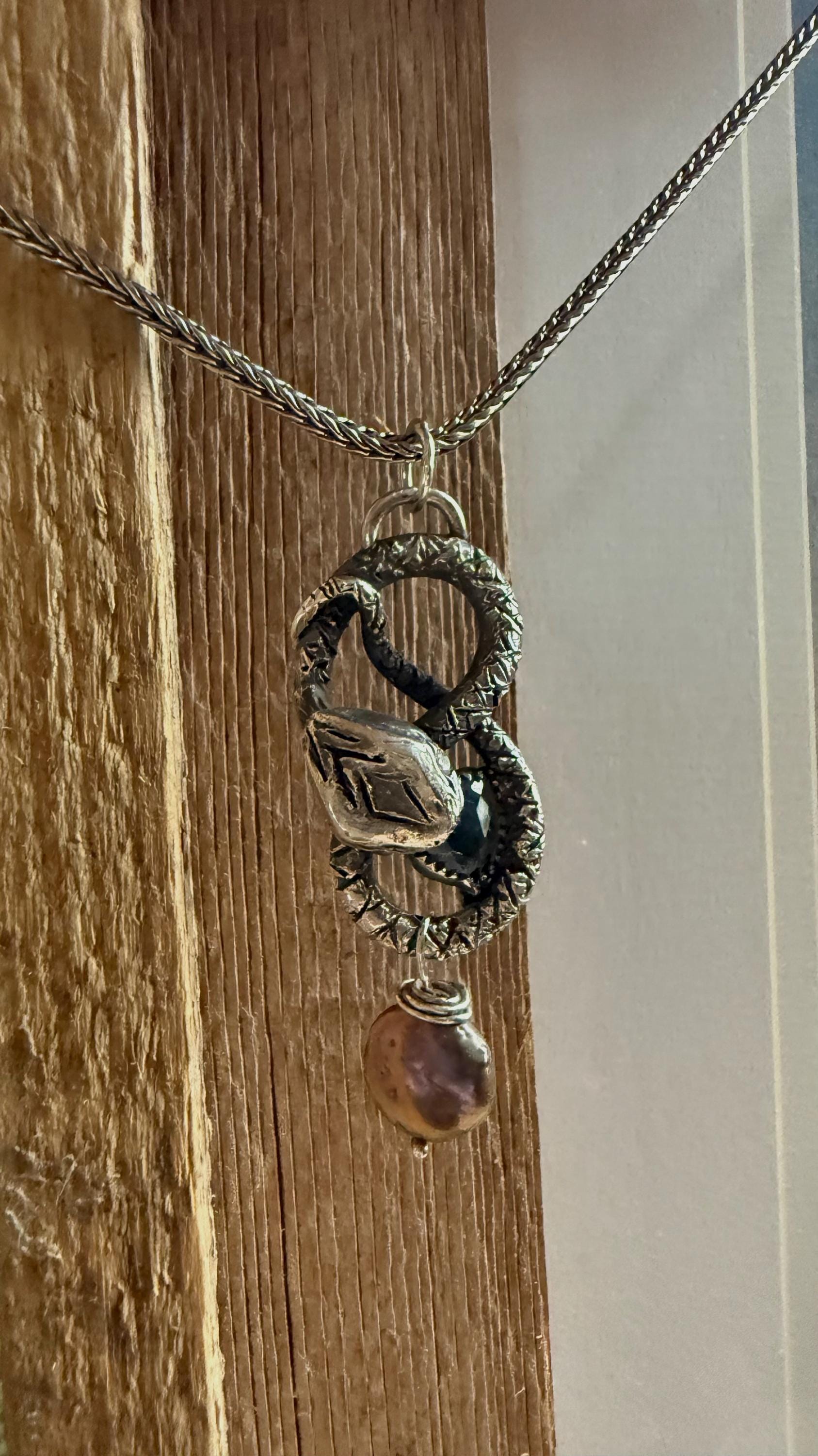 Hand-Sculpted Fine Silver Snake Pendant: Blue Tourmaline & Pearl, Sterling Chain