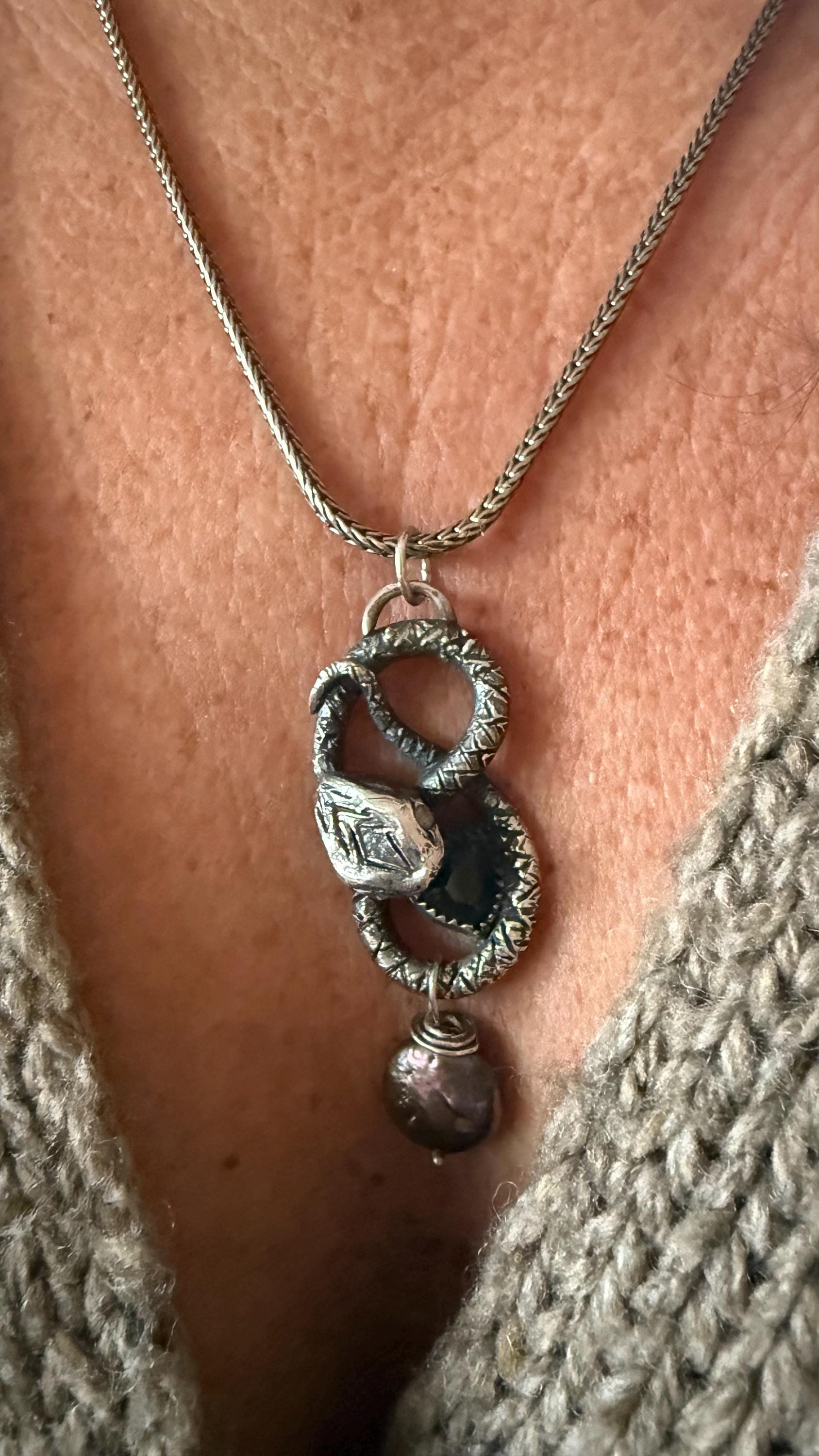 Hand-Sculpted Fine Silver Snake Pendant: Blue Tourmaline & Pearl, Sterling Chain