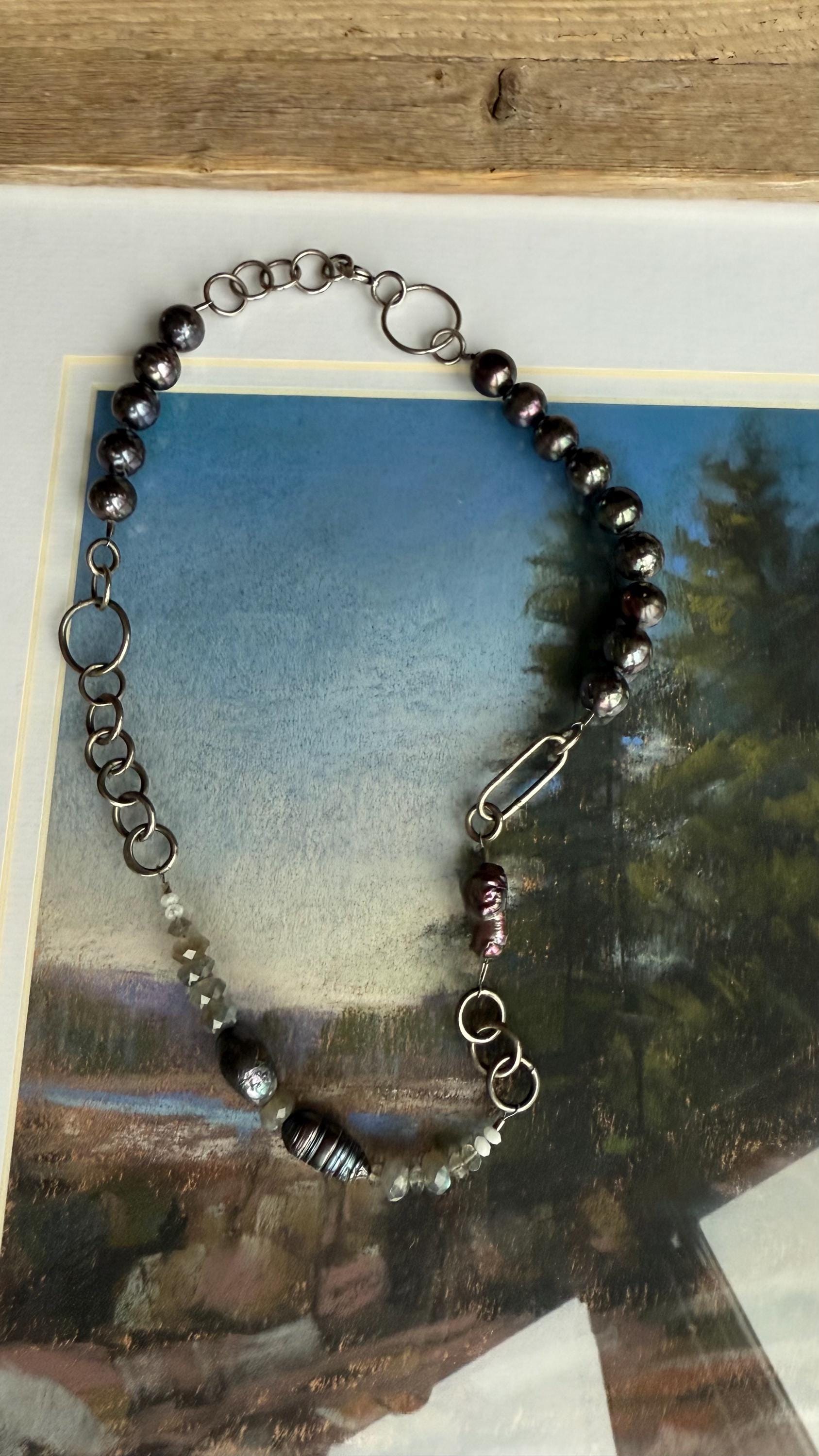 Asymmetrical Tahitian Black Pearl Necklace: Labradorite Moonstone, Hand-Forged Sterling Silver (18.5”)