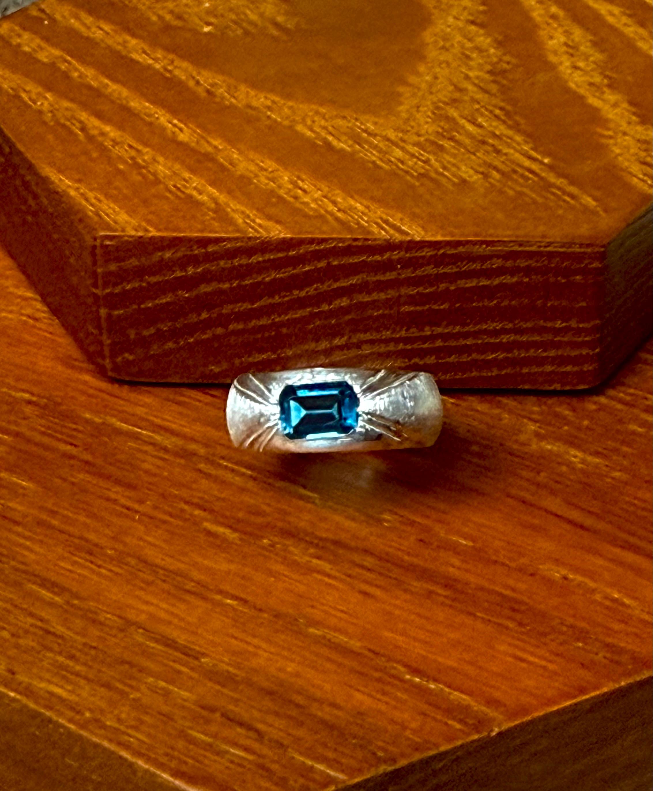 Hand Carved Fine Silver Dome Ring: London Blue Topaz, Size 7