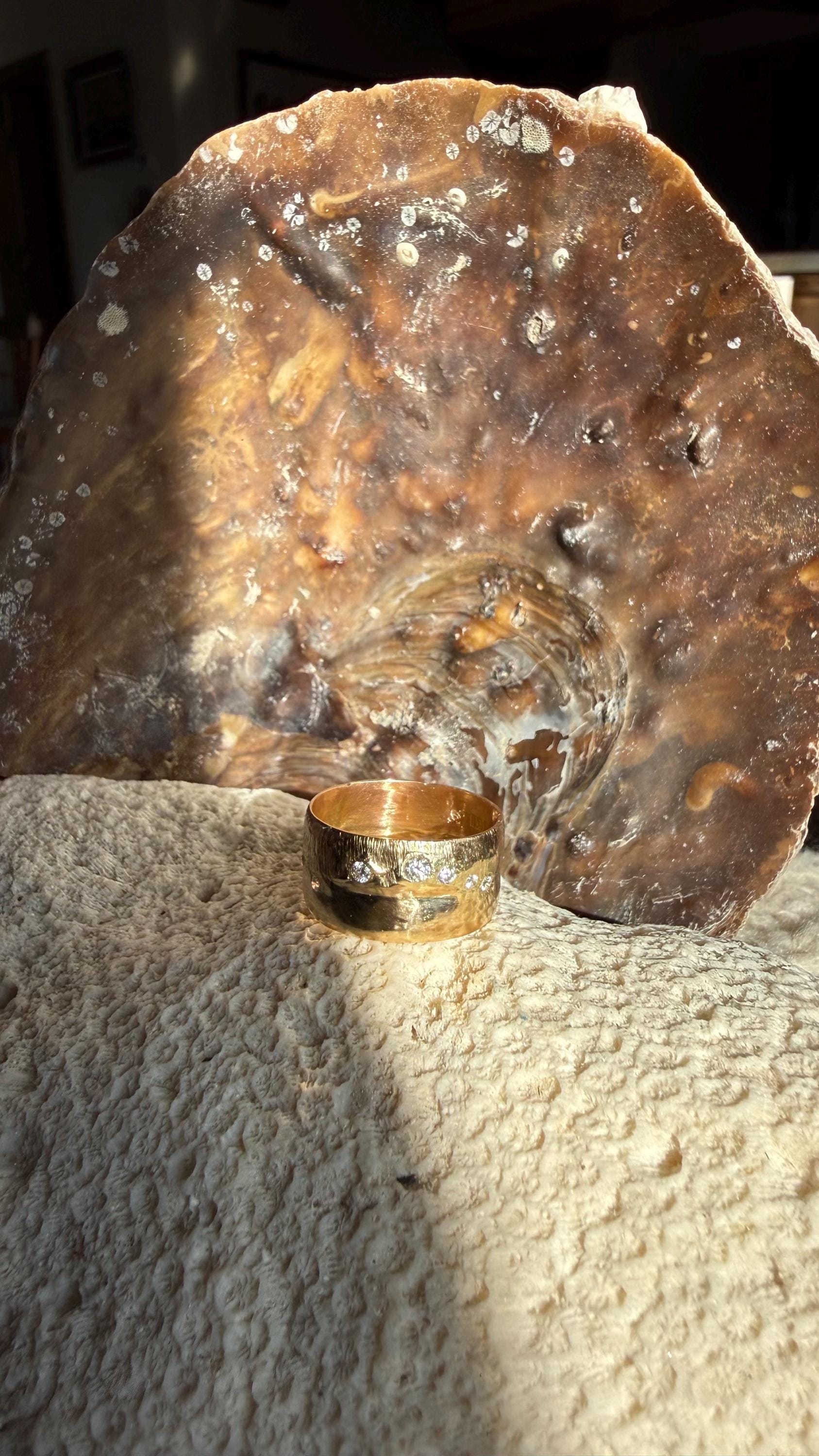 Super Wide Vintage 14Kt Gold Band with Moissanite Diamonds, size 7.5