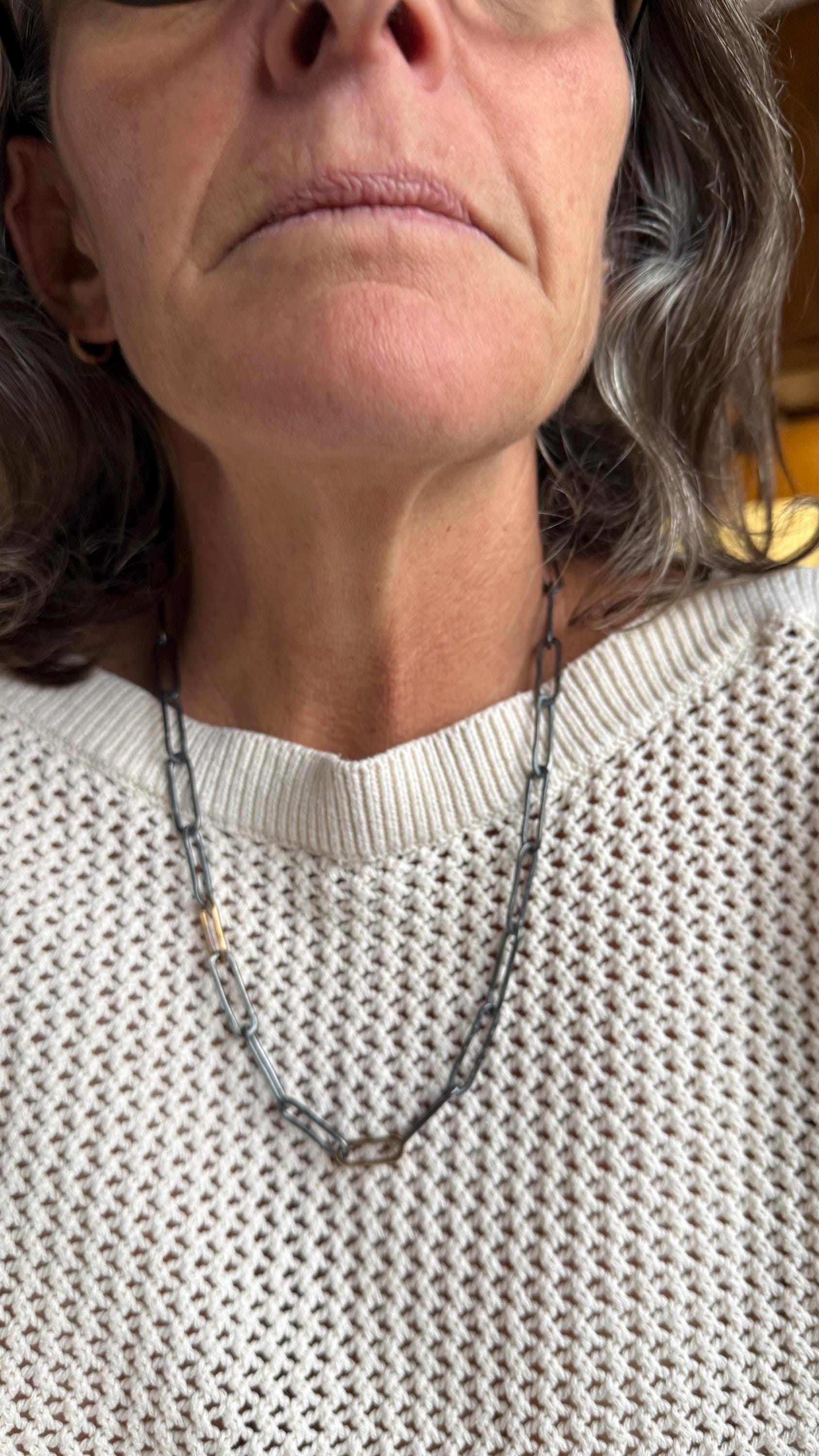 Hand-Formed Blackened Sterling Silver & 14k Gold Filled Paperclip Link Necklace, 23”