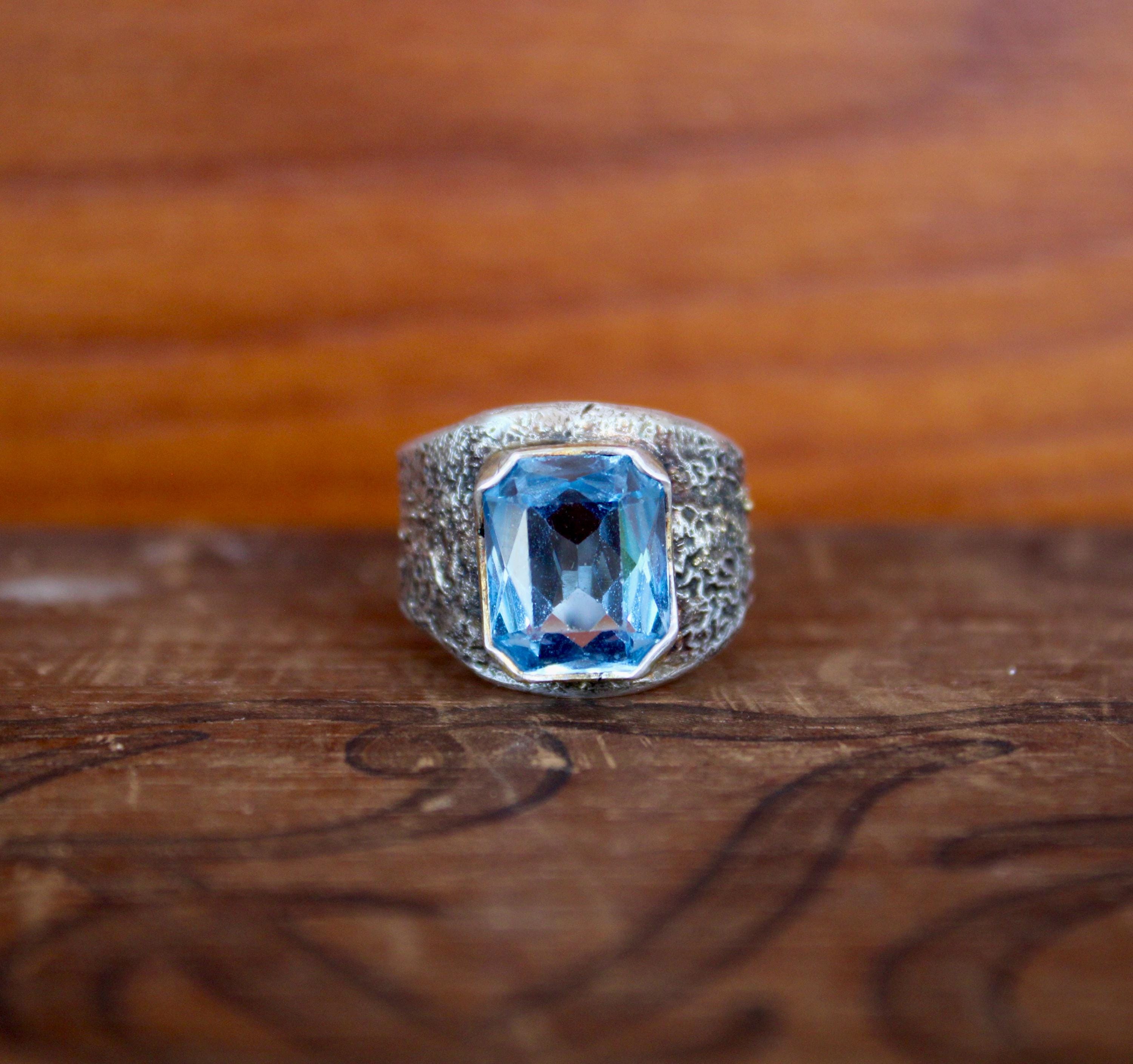Gorgeous Vintage Blue Glass with Reticulated Sterling Galaxy Band with fused 14k gold and 22k bezel, size 7