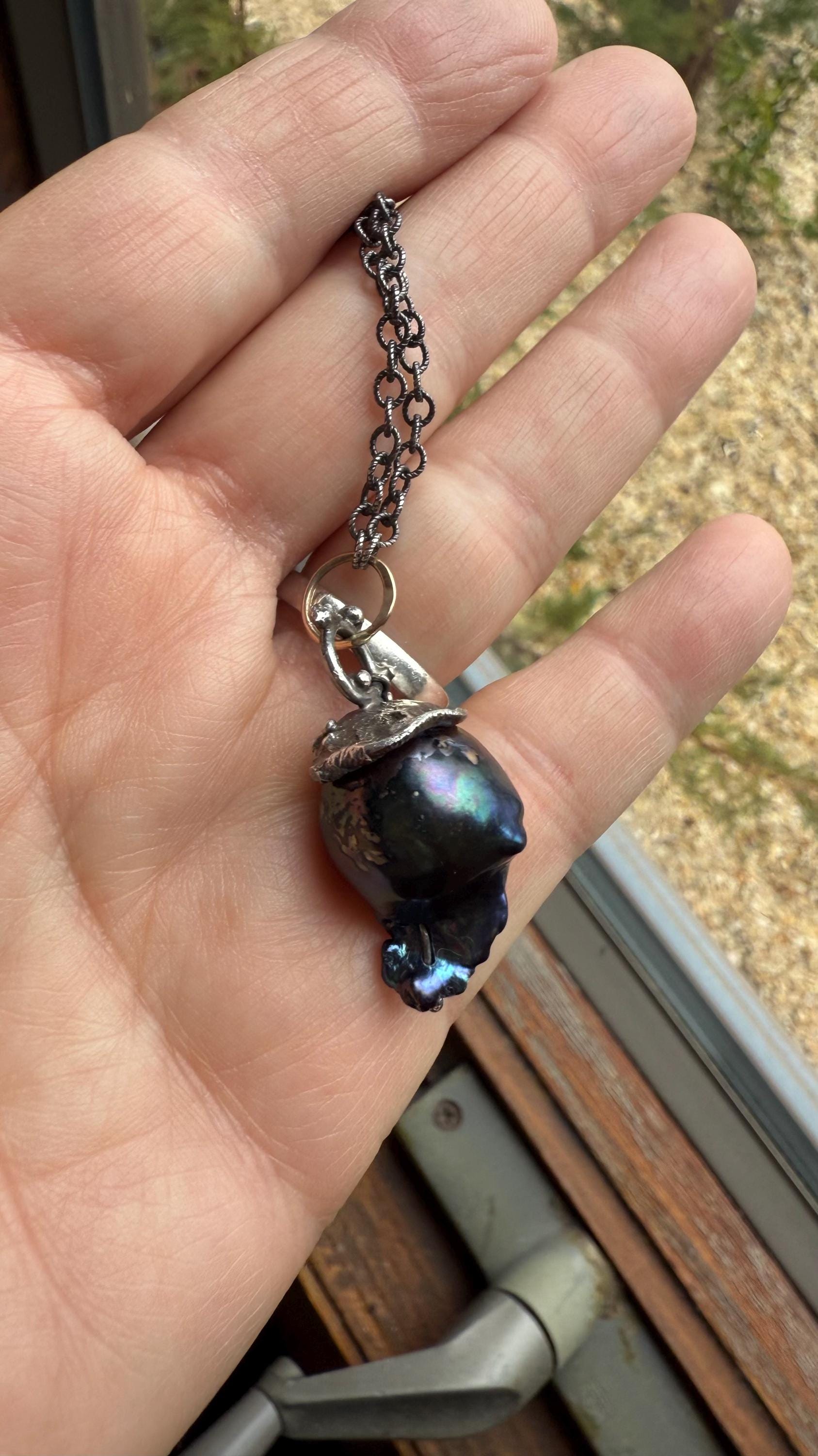 Giant Black Baroque Pearl Necklace with Sterling silver Chain and 14k Gold; 24” long.