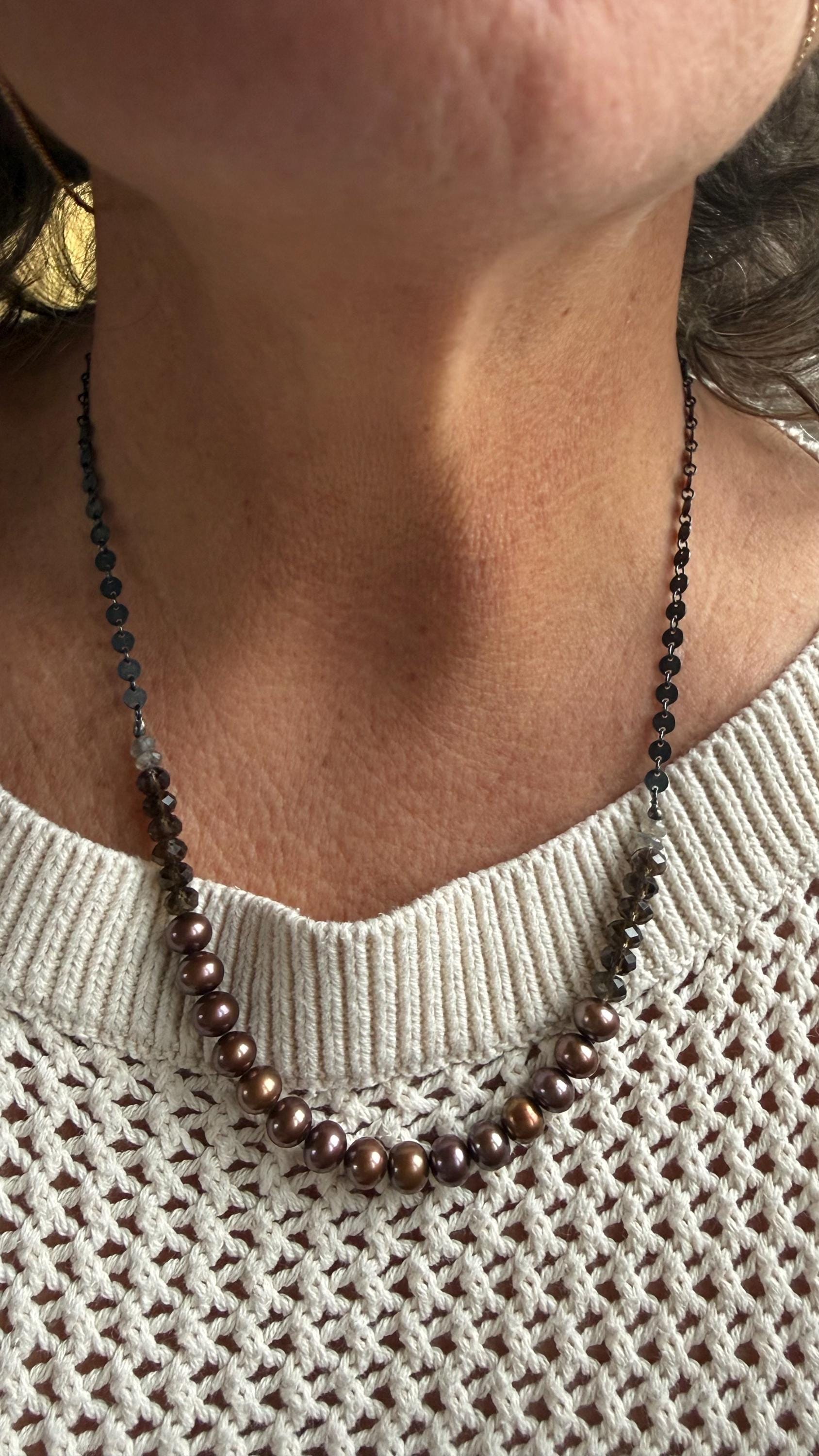 Moody Metallic Freshwater Pearl Necklace with Smoky Topaz & Labradorite, with Blackened S. Silver Chain, 20”