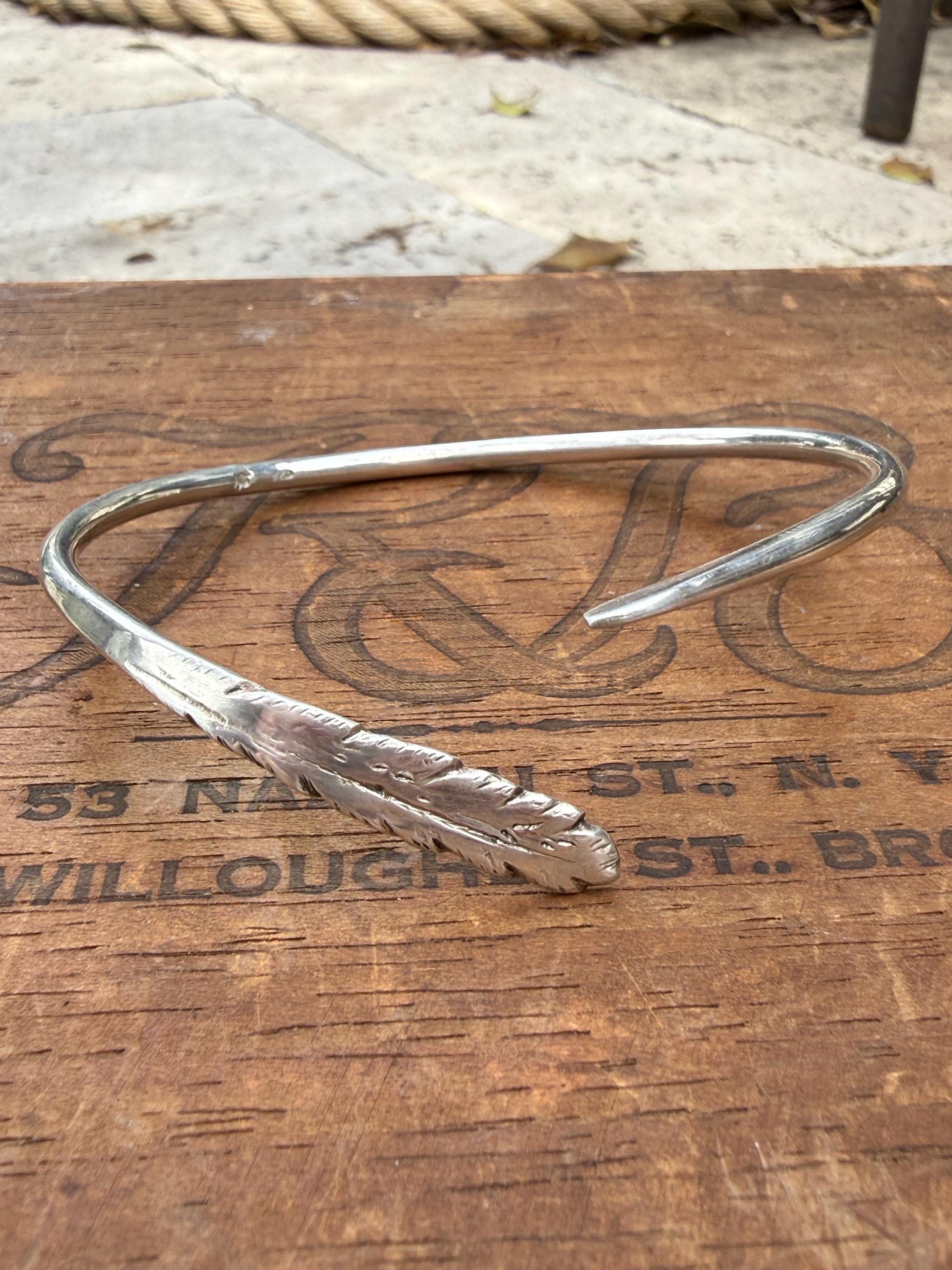 Hand Formed Feather Cuff Bangle Bracelet in Sterling Silver, adjustable