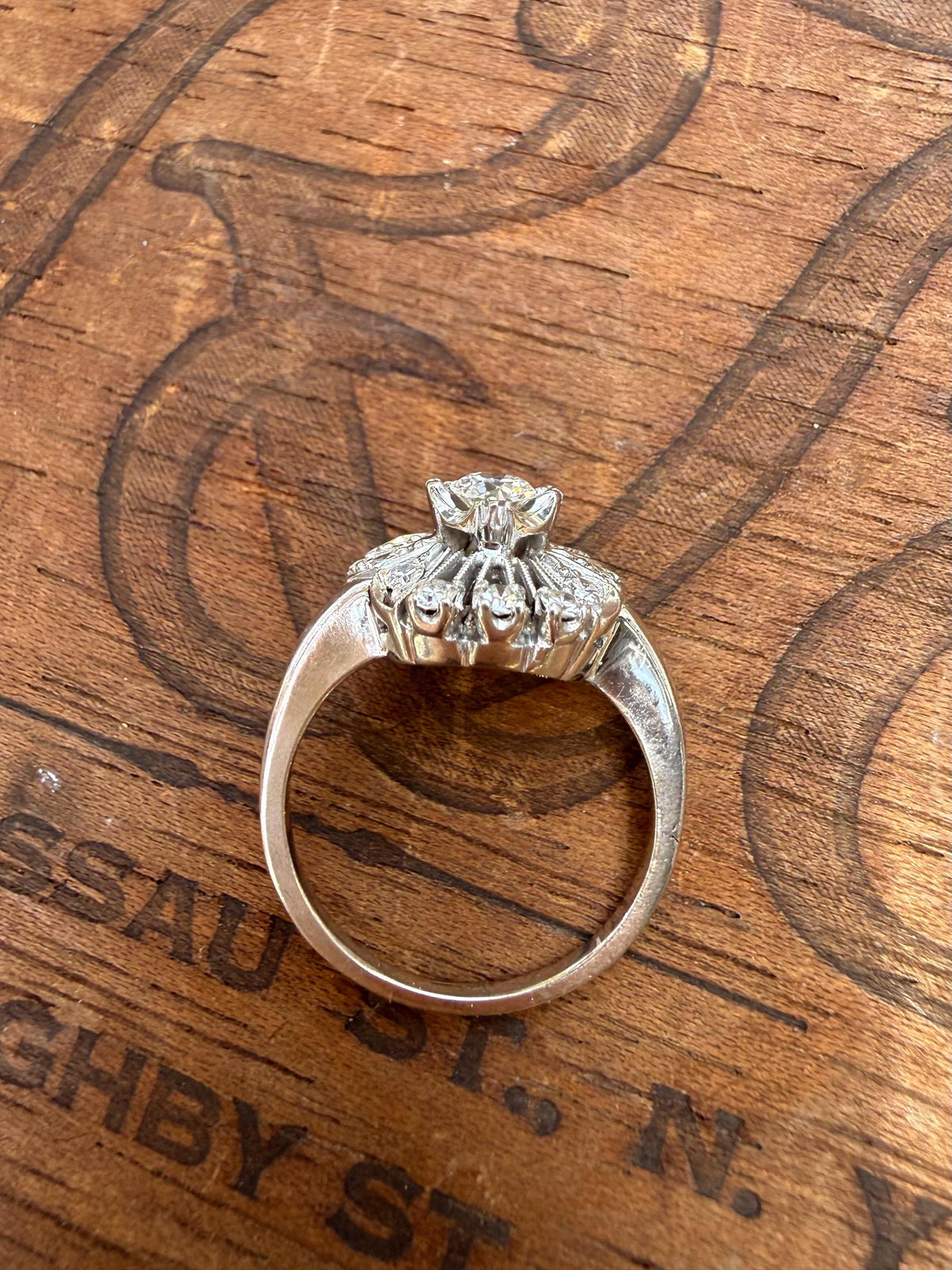 Antique Midcentury Cluster Flower Ring, Natural Diamonds, size 7. 1960’s