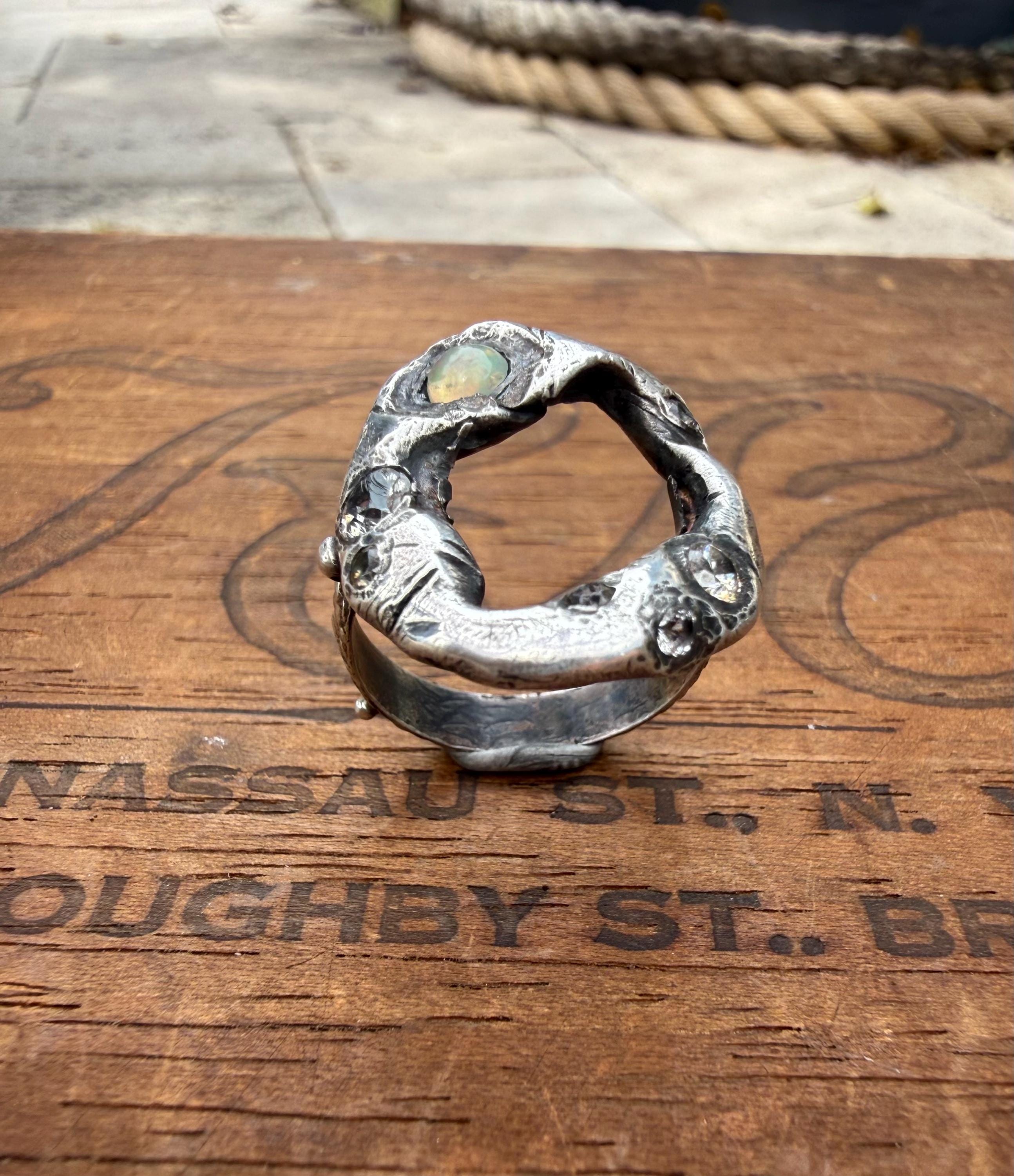 Fine & Sterling Silver Organic Pirate Ring with CZ’s and an Opal. Size 7.5