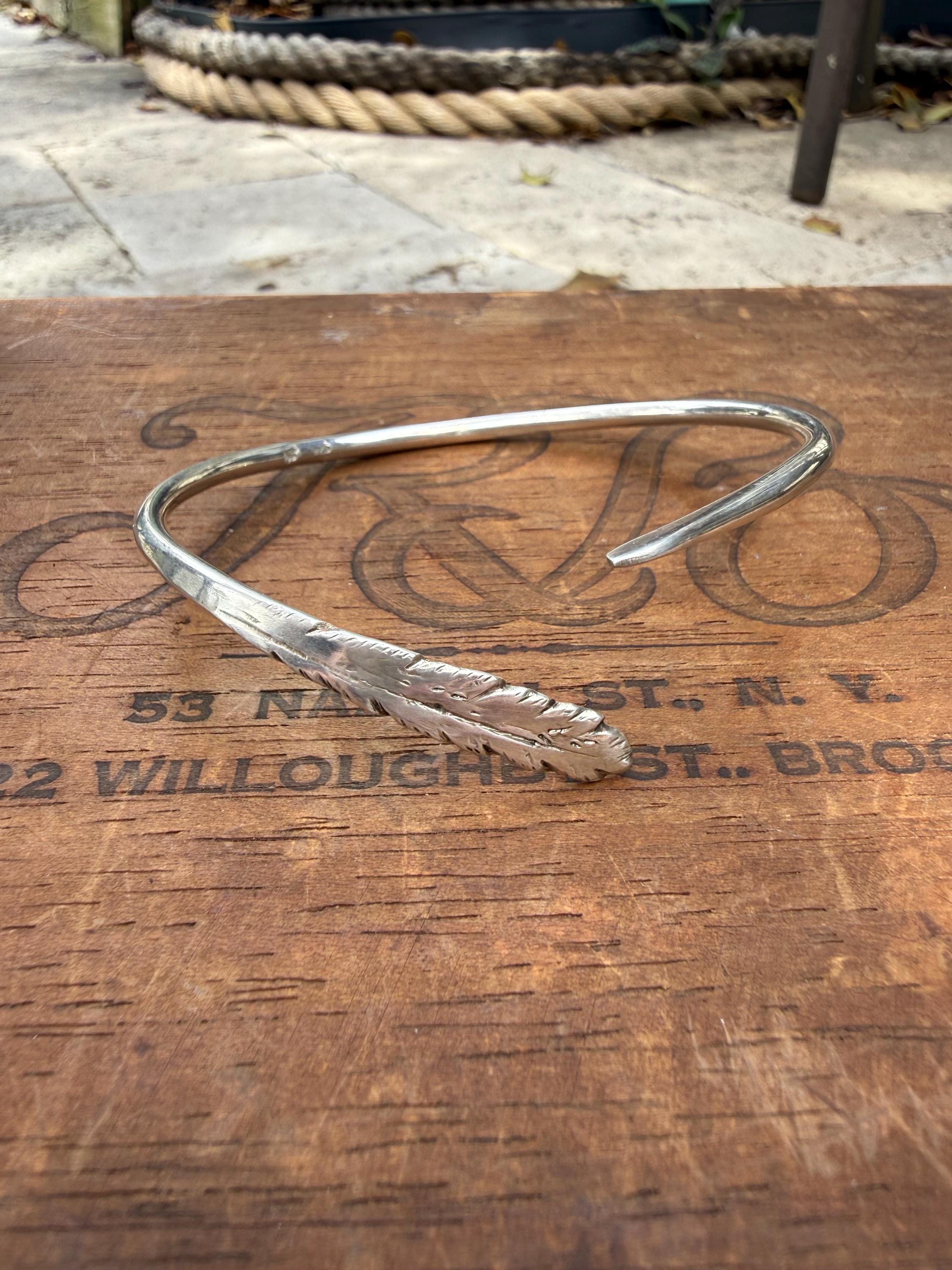 Hand Formed Feather Cuff Bangle Bracelet in Sterling Silver, adjustable