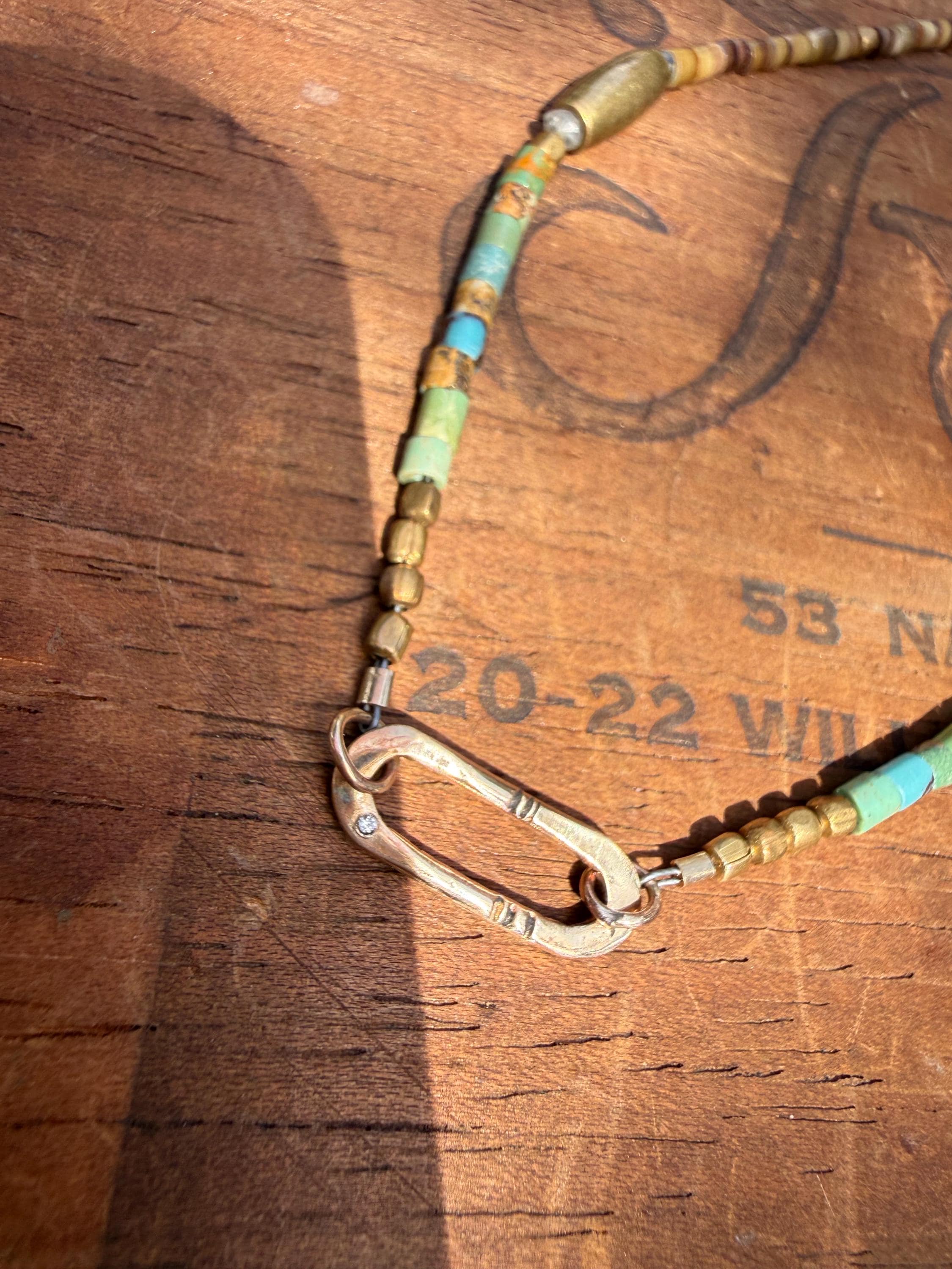 Gypsy Necklace with Turquoise, Shell & Brass Beads with Hand Formed 14kgf Link and Tiny Diamond, 22” 14kgf chain