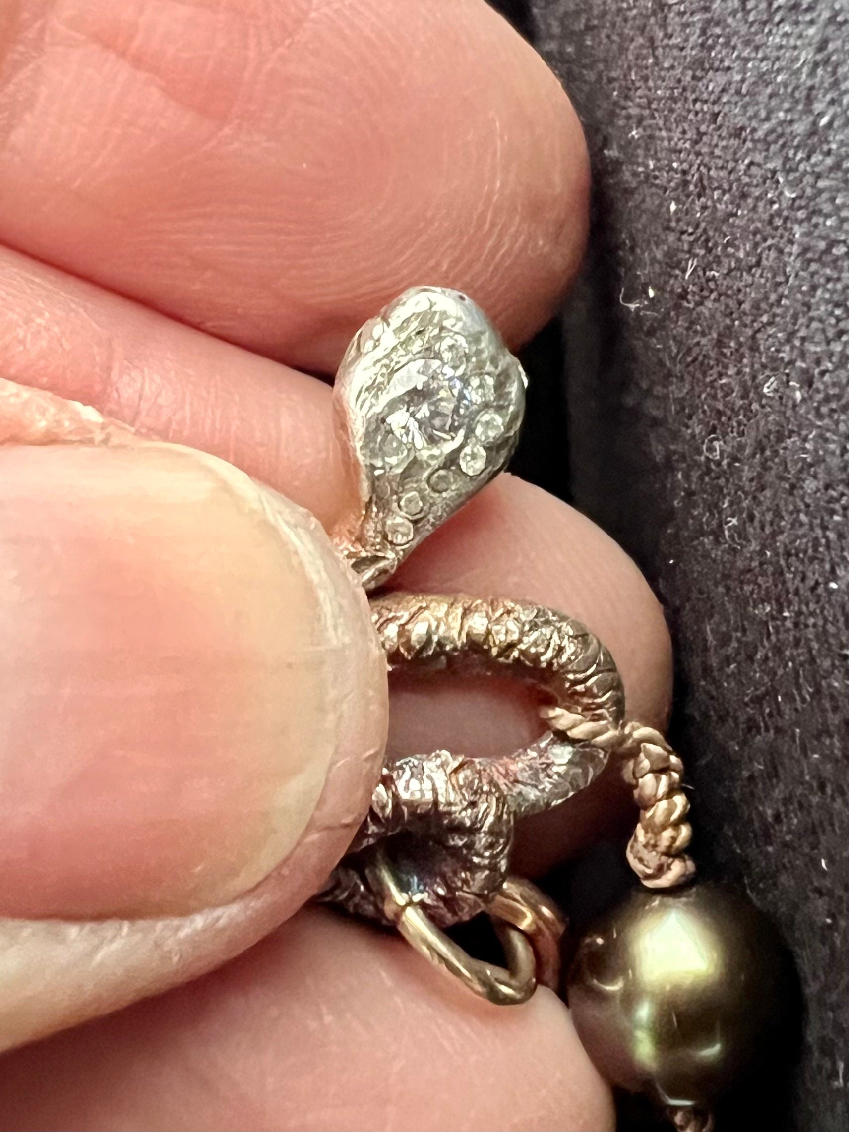Cultured Peacock Freshwater Pearls with a Hand Carved Jeweled Snake in Fine Silver