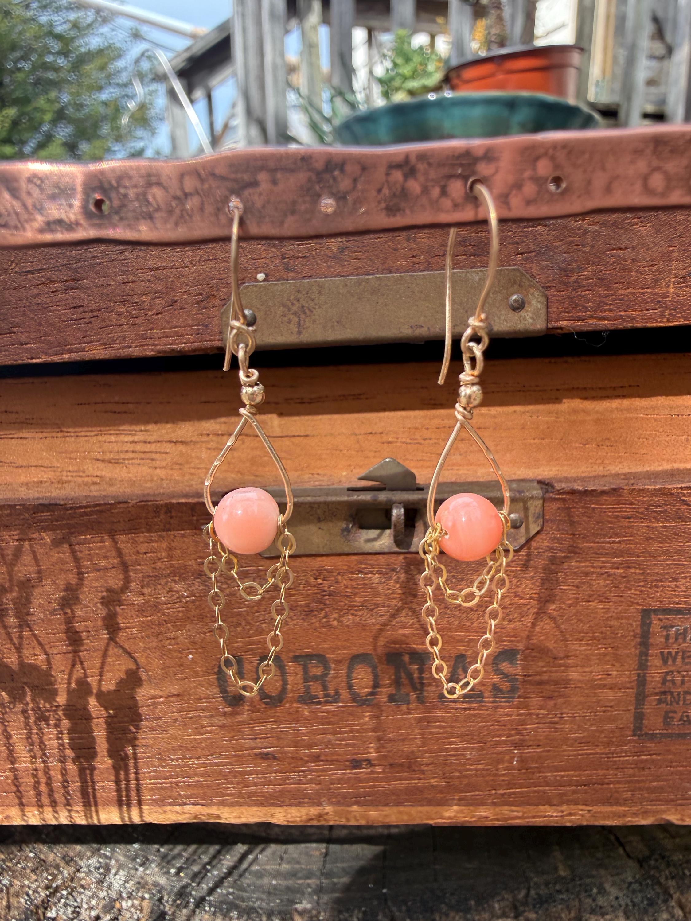 Angel Skin Coral & Chain Lightweight Dangle Earrings in 14kgf, Handmade