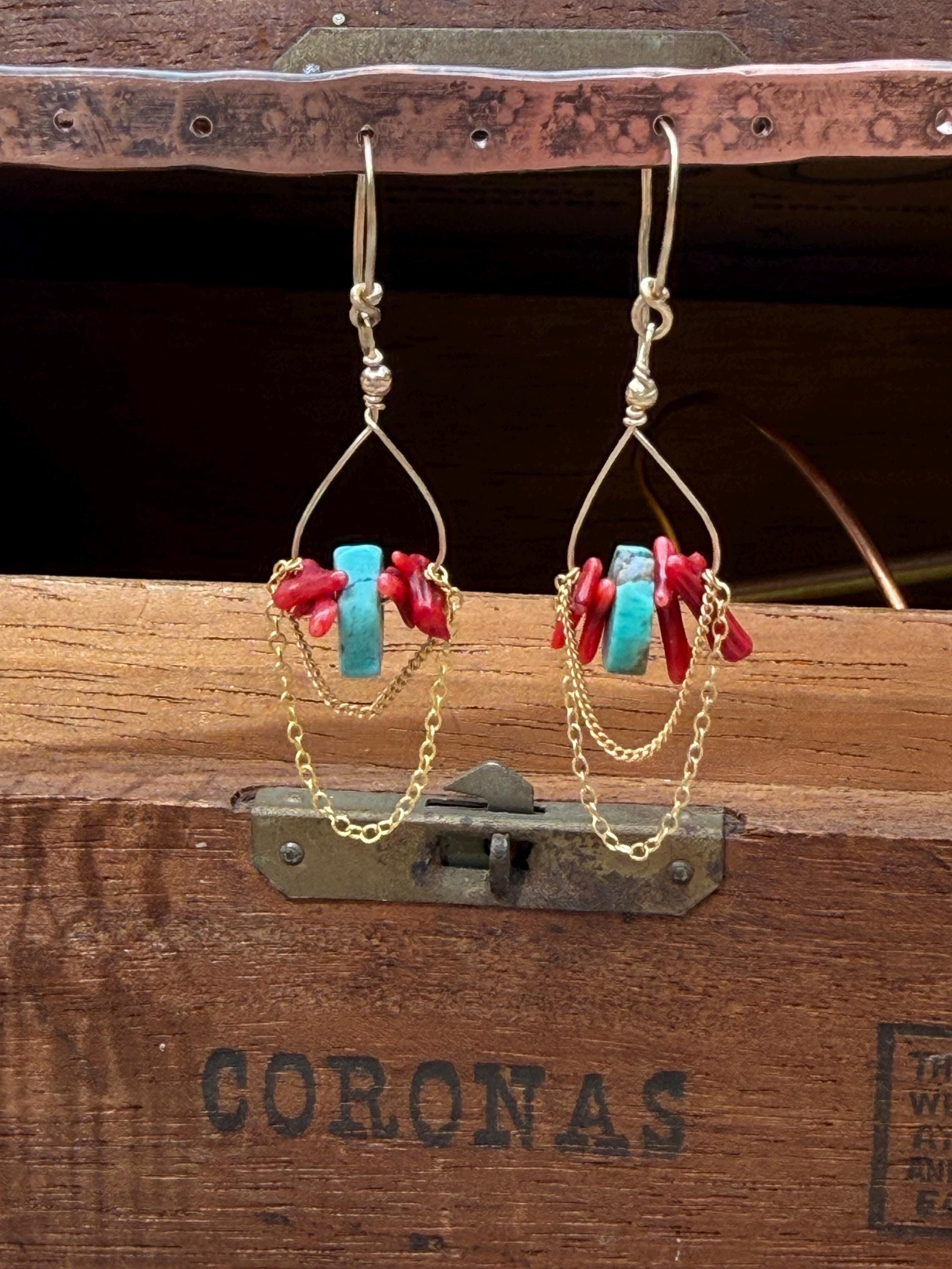 Red Coral & Turquoise Beaded Lightweight Chain Dangle Earrings in 14kgf, Handmade