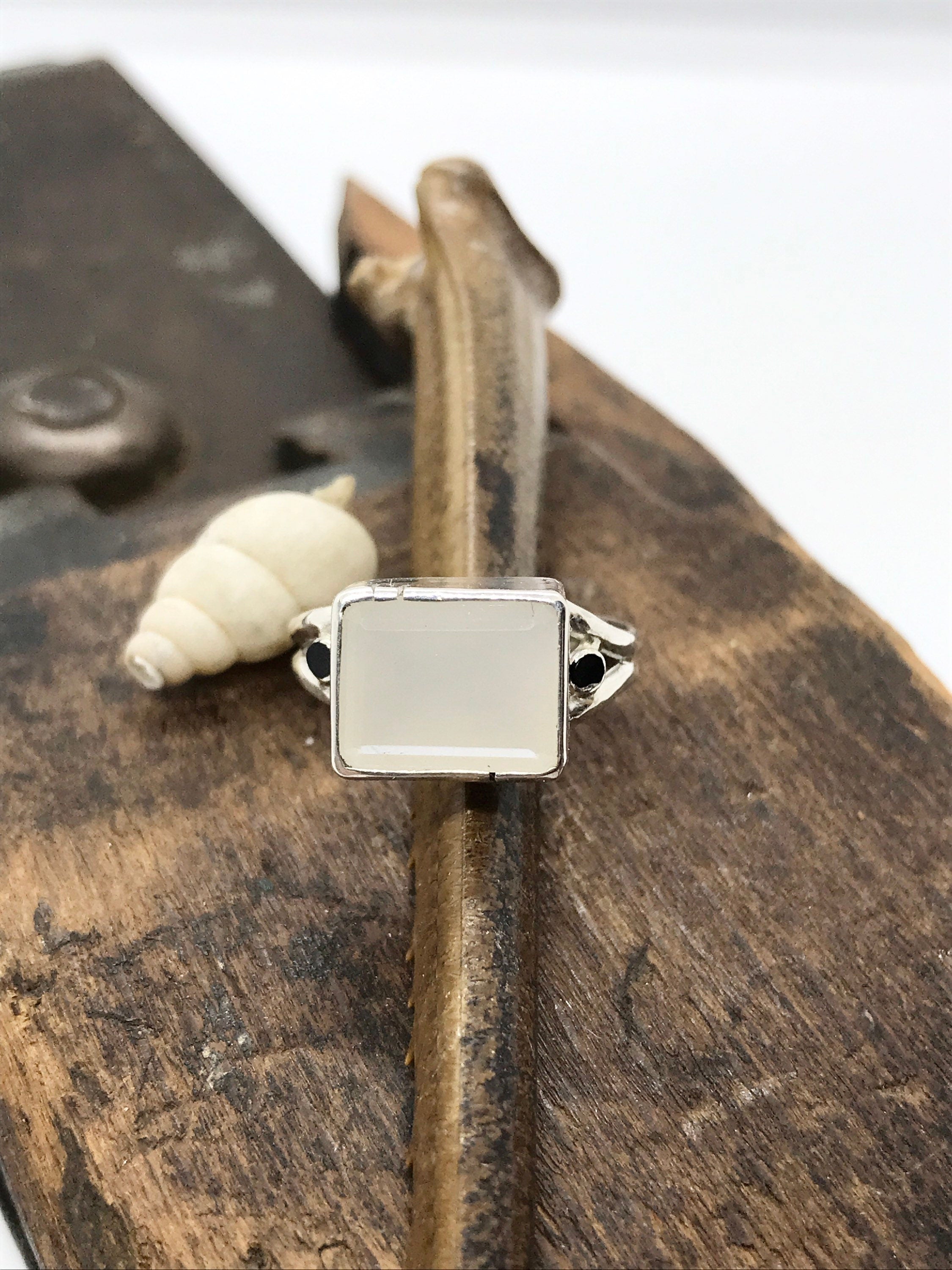 Emerald Cut CHALCEDONY with Spinel Sidelights in sterling silver, handmade with estate gems (earth friendly)