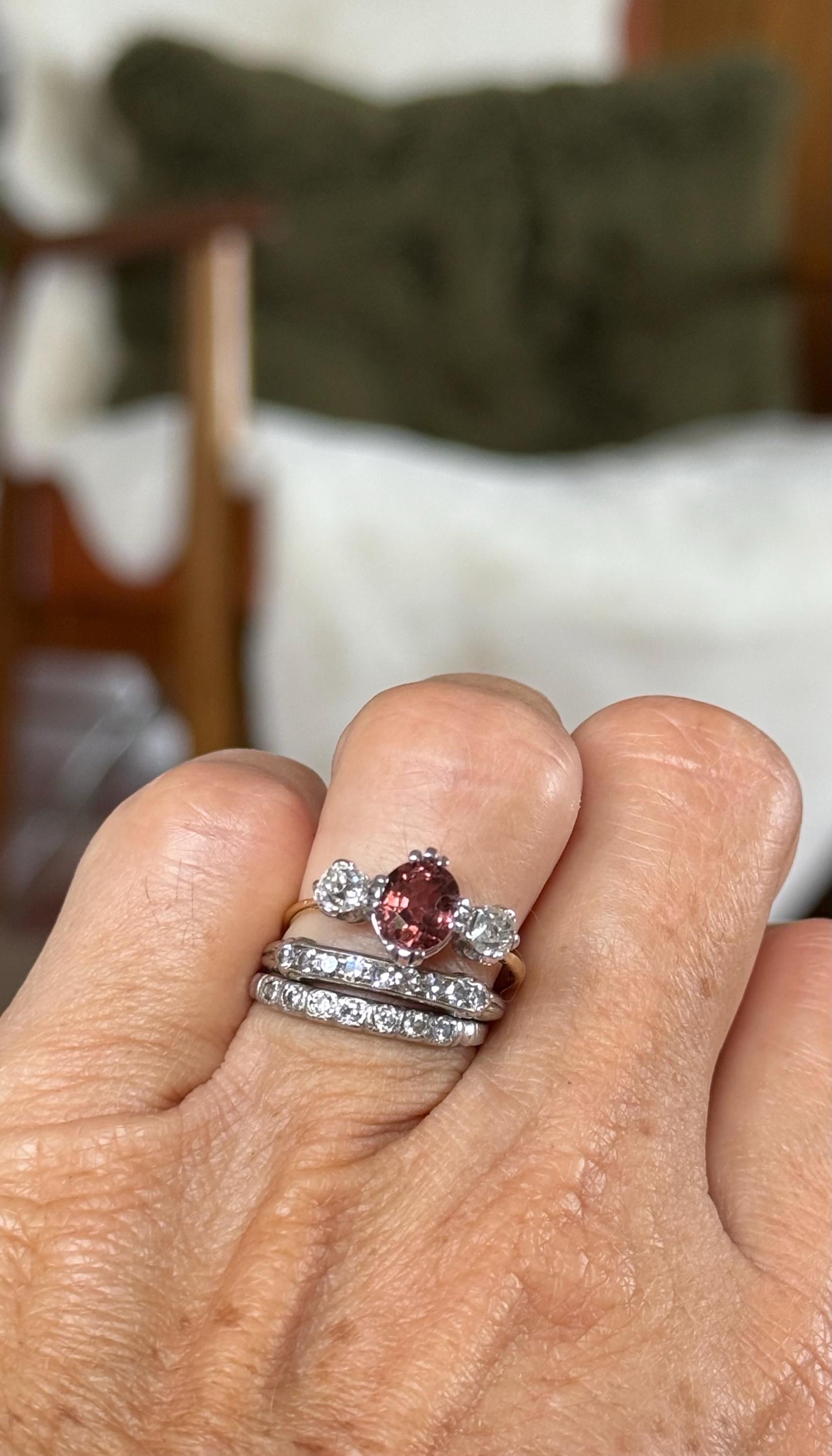 Gorgeous Victorian Trilogy Ring in 18Ct Yellow and White Gold, featuring a 1 carat Spinel, and (2) 22.5 pt Old European cut Natural Diamonds