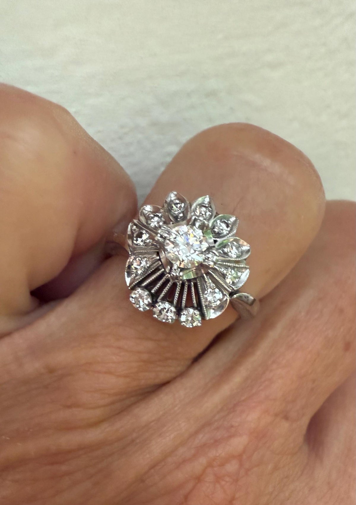 Antique Midcentury Cluster Flower Ring, Natural Diamonds, size 7. 1960’s