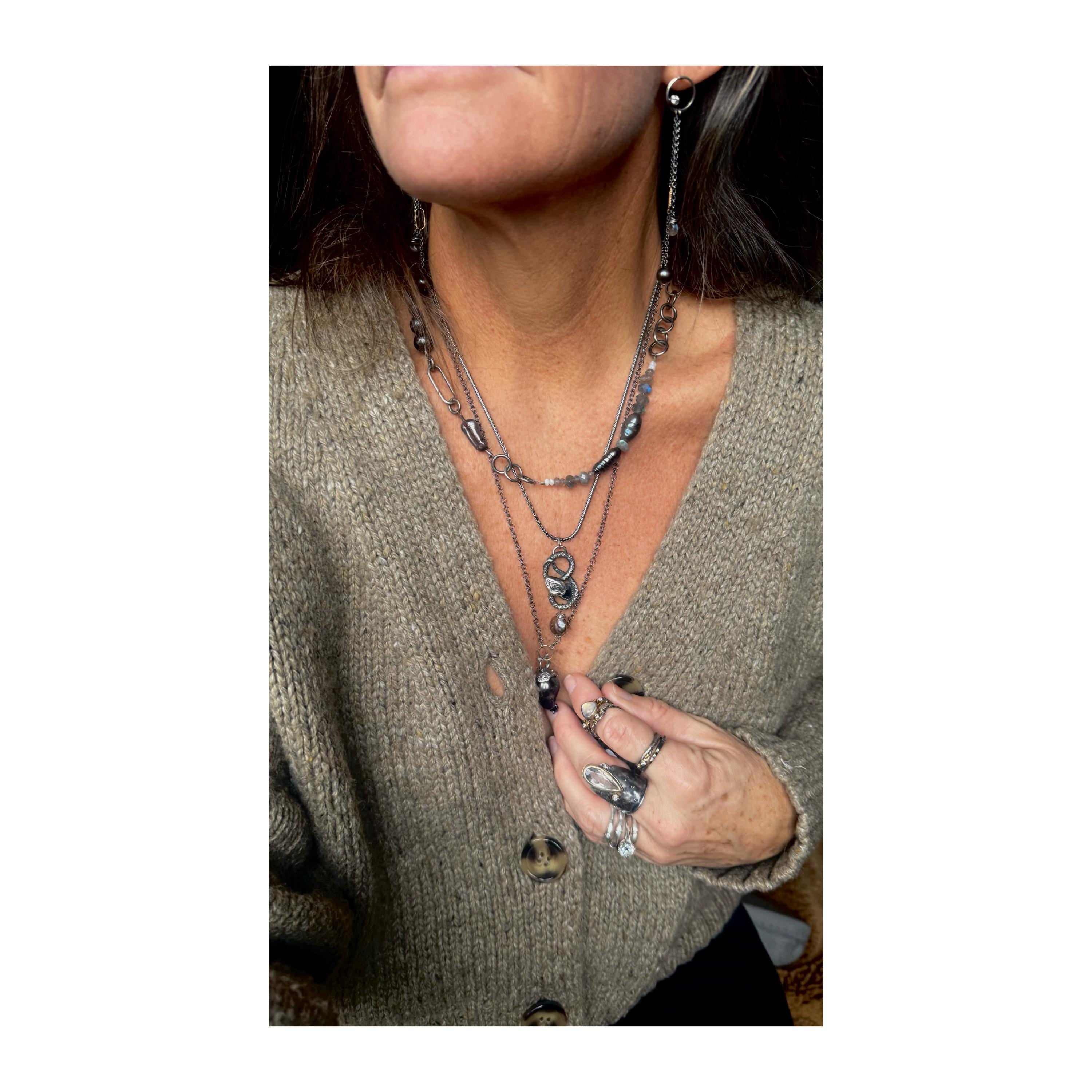 Asymmetrical Tahitian Black Pearl Necklace: Labradorite Moonstone, Hand-Forged Sterling Silver (18.5”)