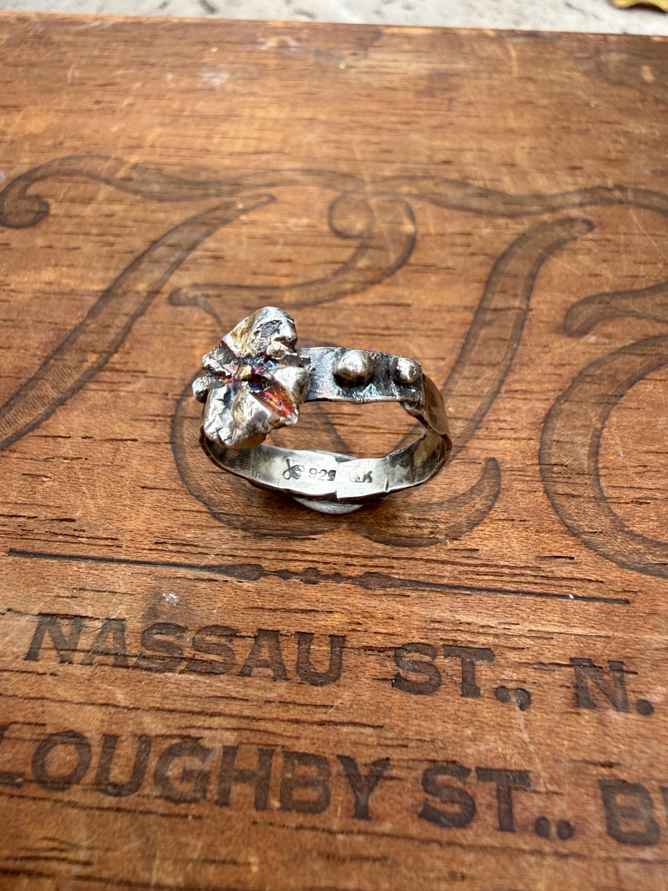 Fused Sterling Silver & Recycled 14K Gold Flower Ring, size 8 1/2