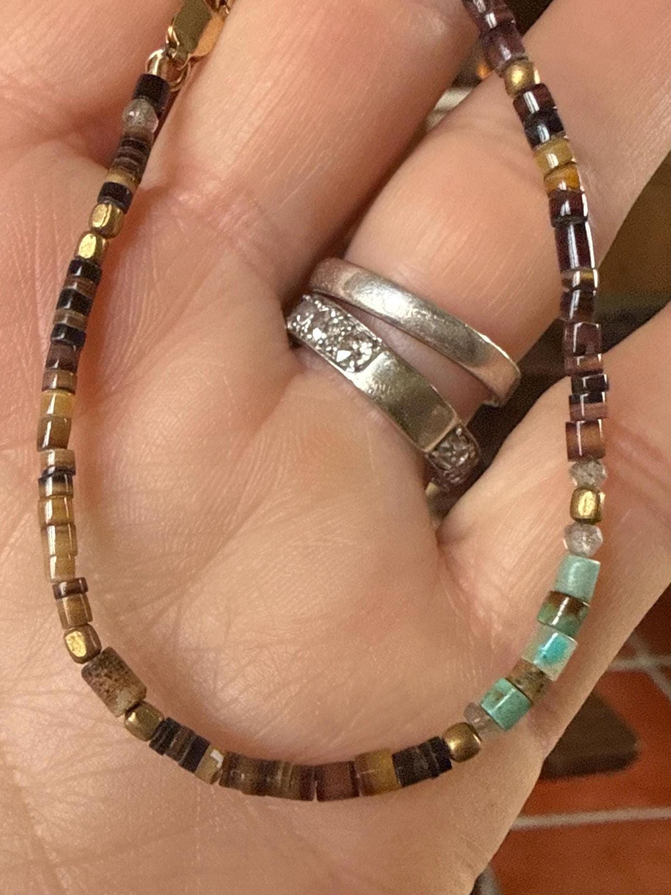 Gypsy Bracelet with Turquoise, Shell, Labradorite & Brass Beads with 14kgf Clasp, 7.5”