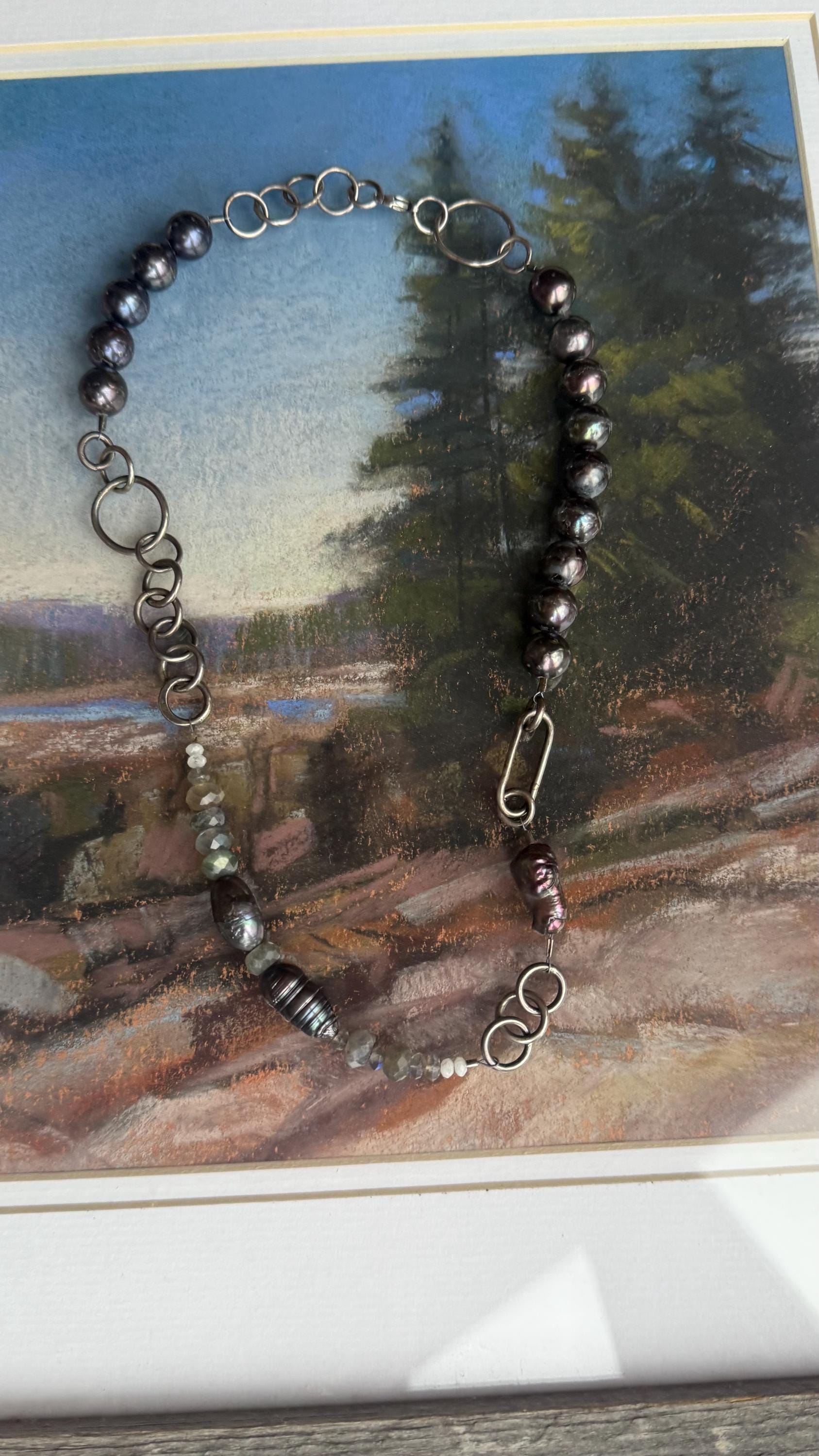 Asymmetrical Tahitian Black Pearl Necklace: Labradorite Moonstone, Hand-Forged Sterling Silver (18.5”)