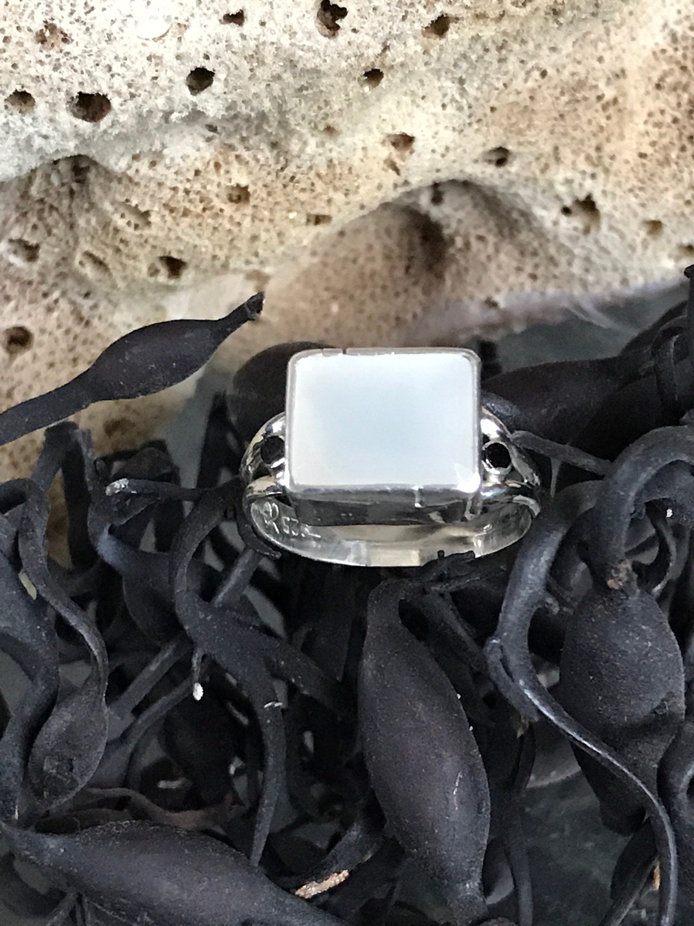 Emerald Cut CHALCEDONY with Spinel Sidelights in sterling silver, handmade with estate gems (earth friendly)