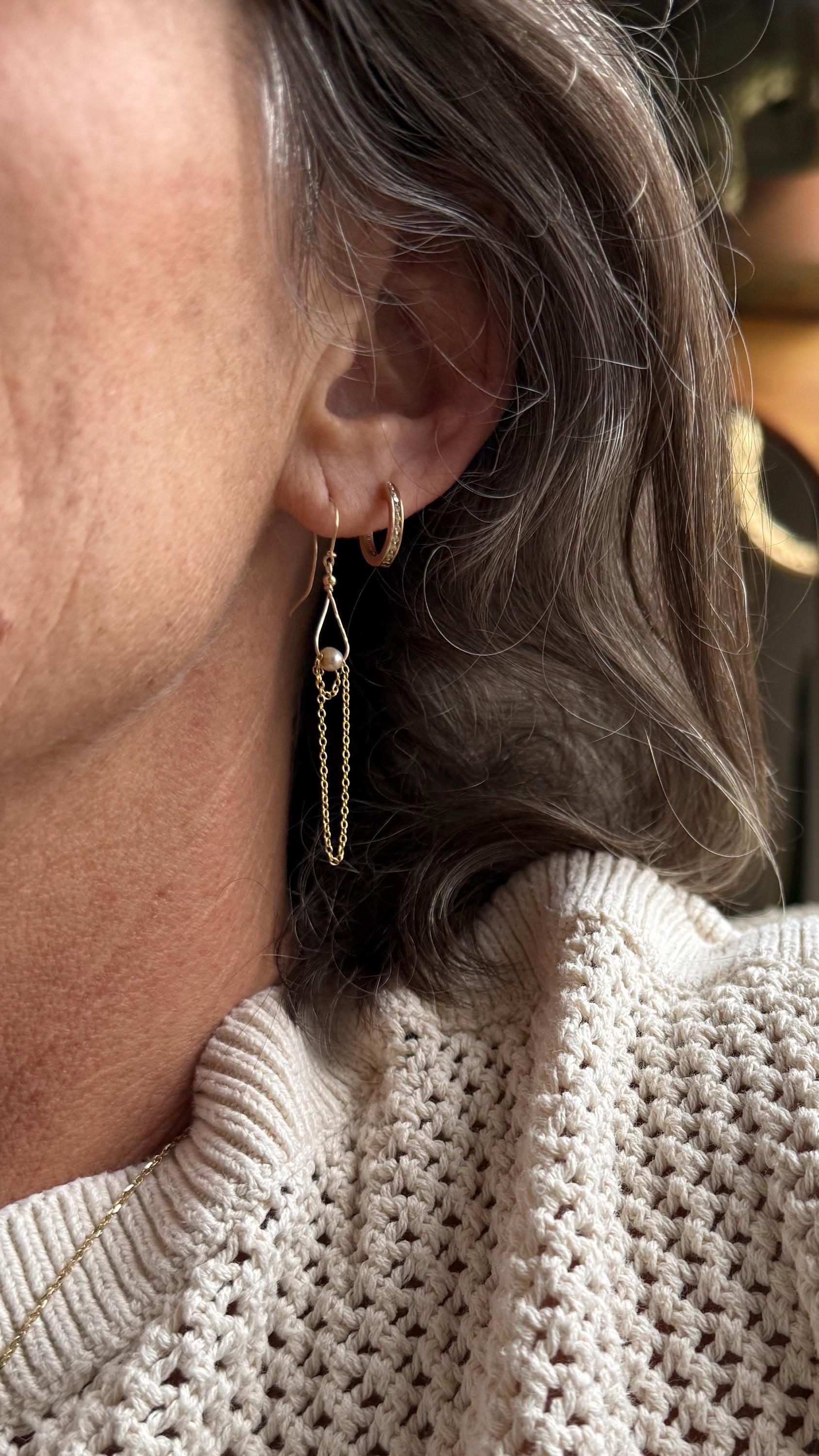 Freshwater Pearl & Chain Dangle Earrings in 14kgf, Hamdmade