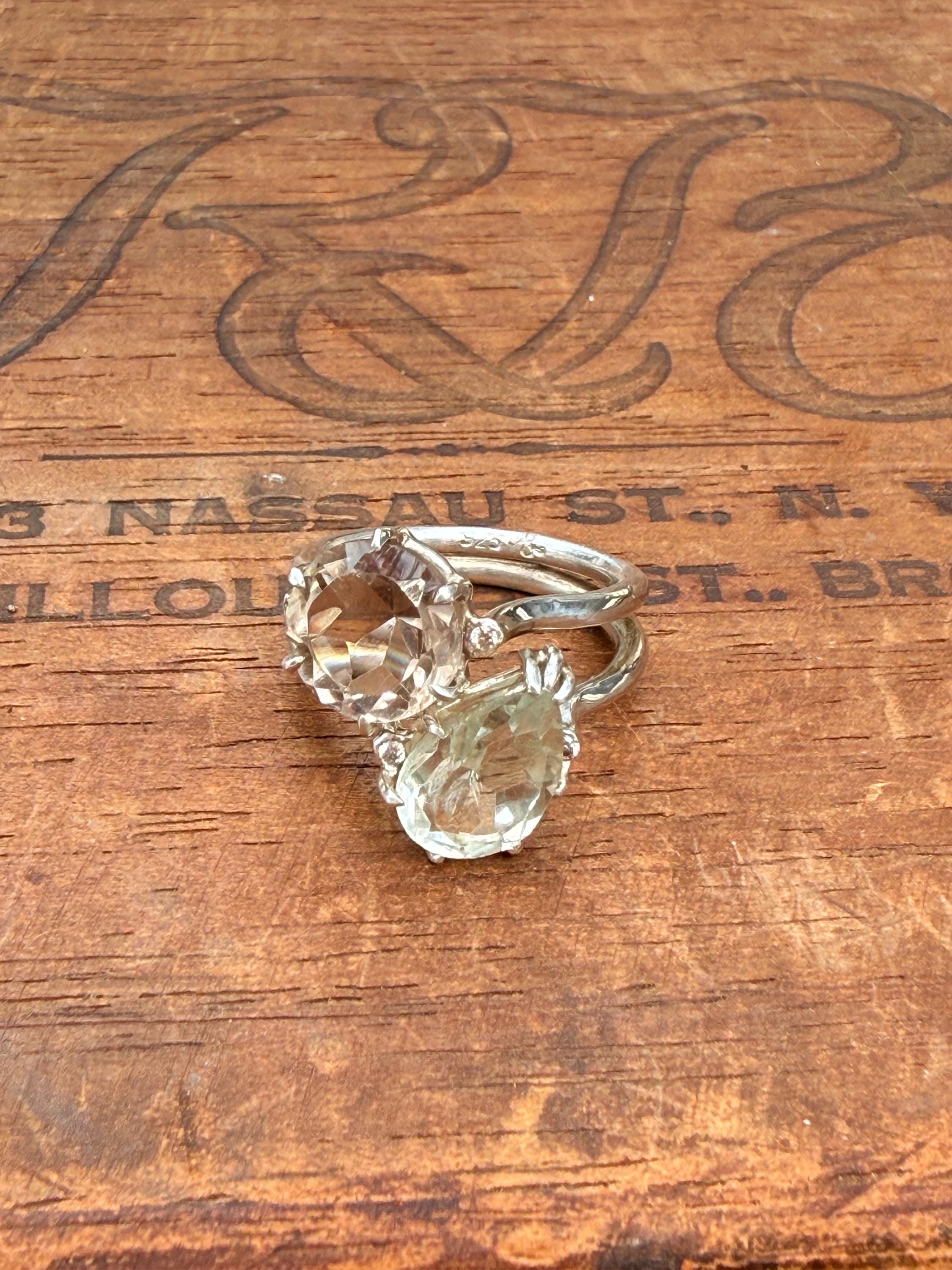 Toi et Moi or 'You and Me' Handmade Ring in Smoky Topaz and Green Flourite, with 4 tiny diamonds and Sterling Silver,  Size 7