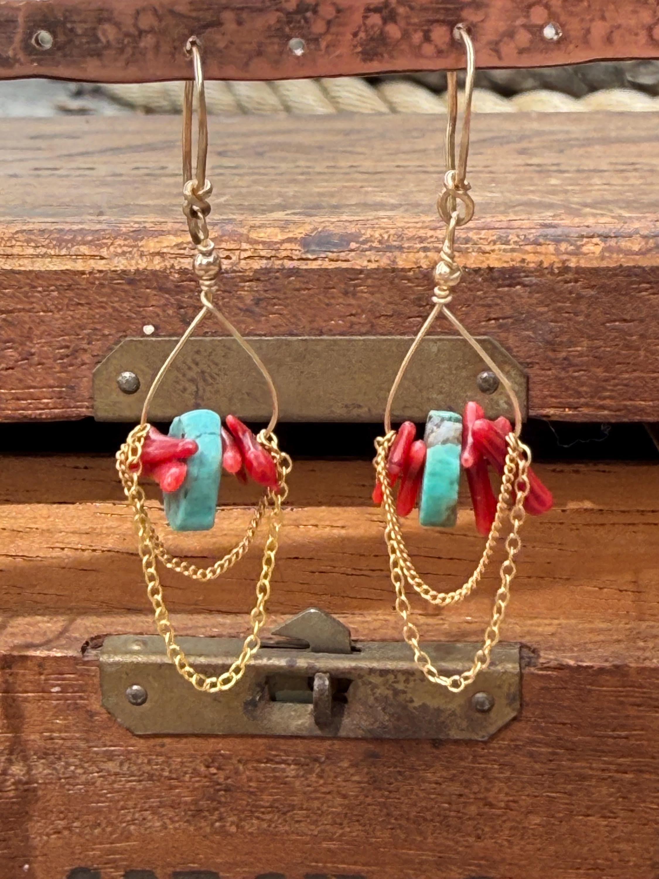 Red Coral & Turquoise Beaded Lightweight Chain Dangle Earrings in 14kgf, Handmade