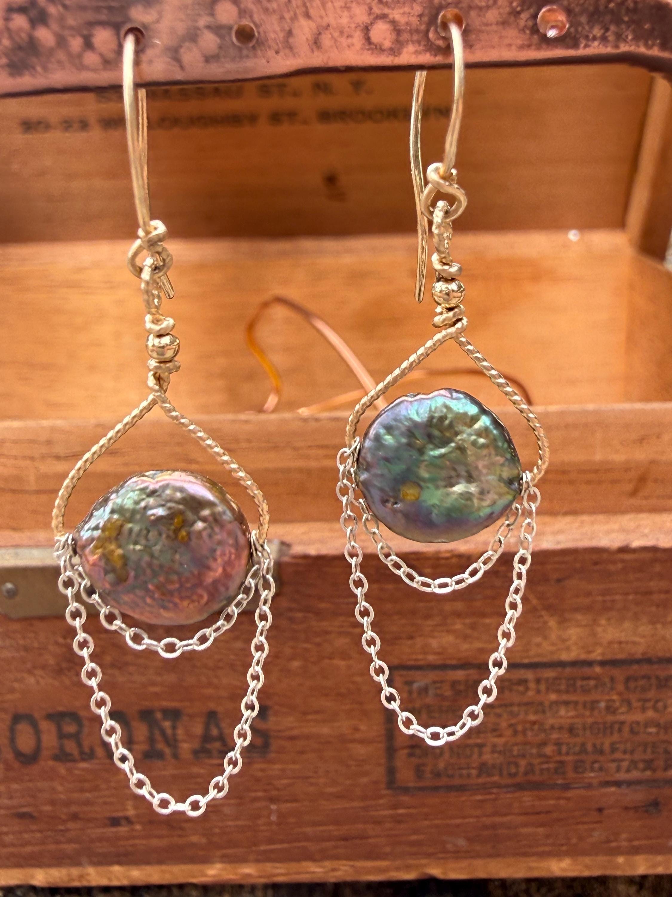 Freshwater Pearl & Chain Dangle Earrings in S.Silver and 14kgf Rope, Hamdmade