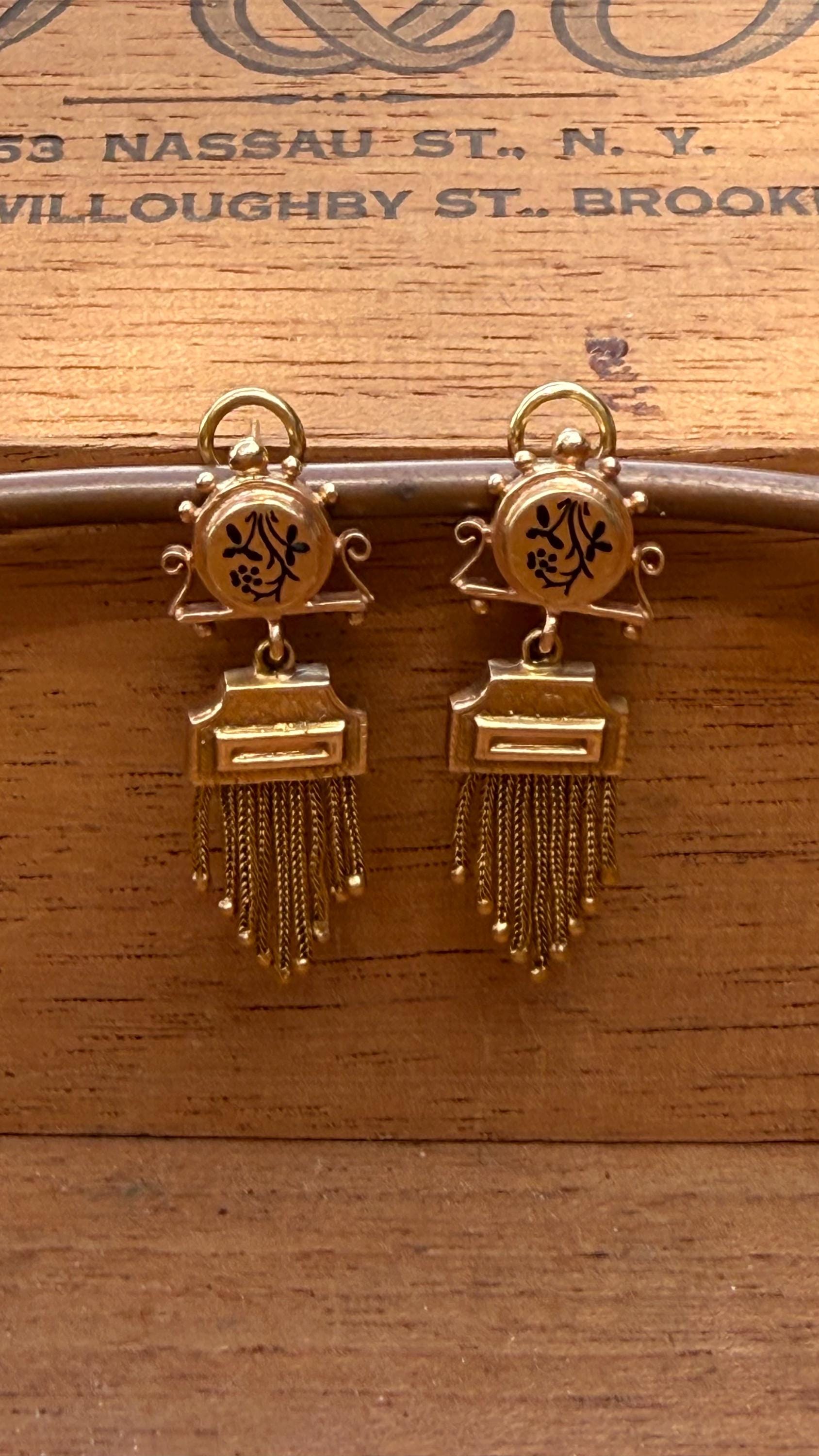 Antique Earrings Victorian Tassle with Black Enamel and 14K Yellow Gold