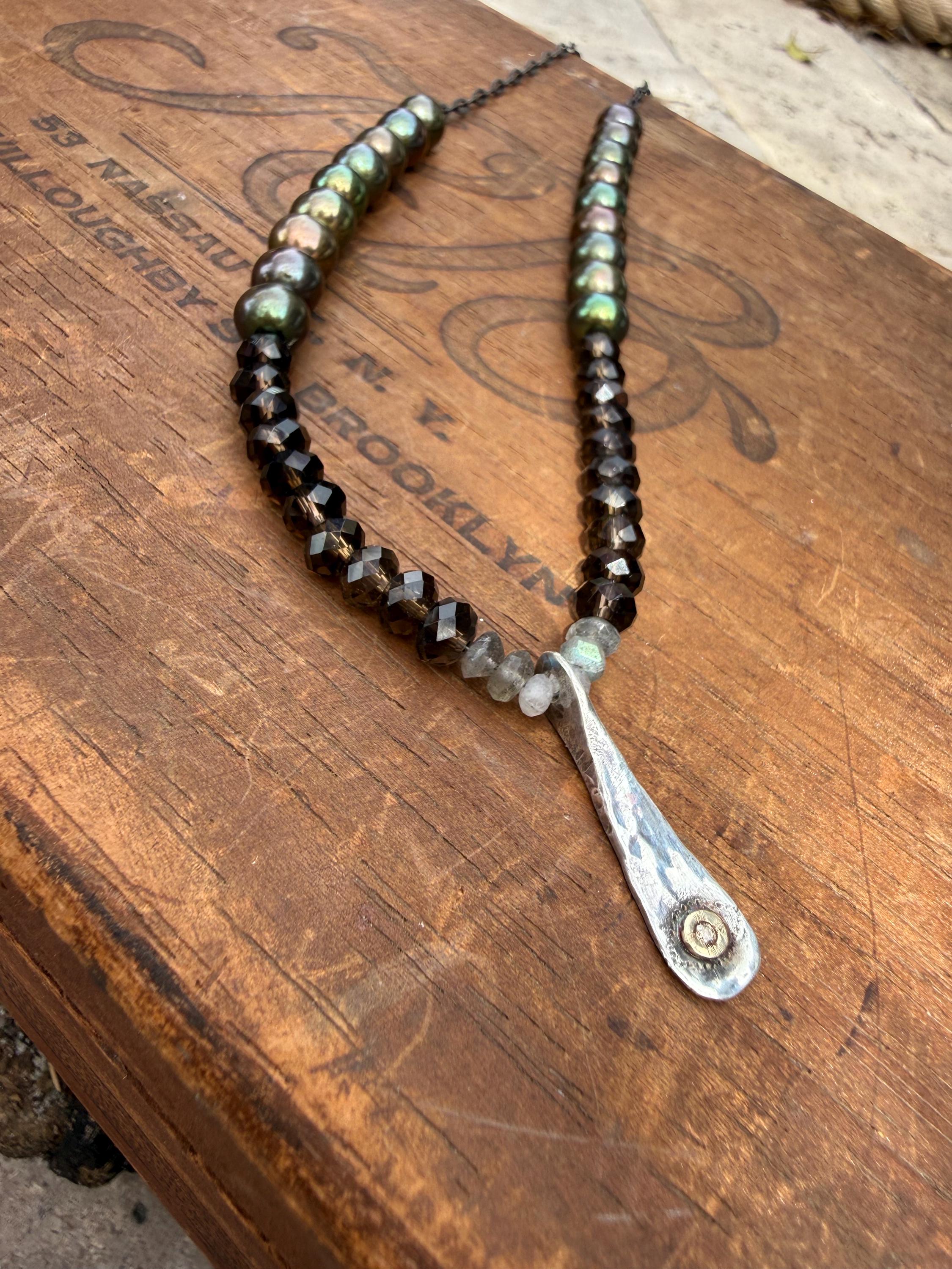 Evil Eye Sterling Silver Necklace: Smoky Quartz, Labradorite, Pearl, and Natural Champagne Diamond