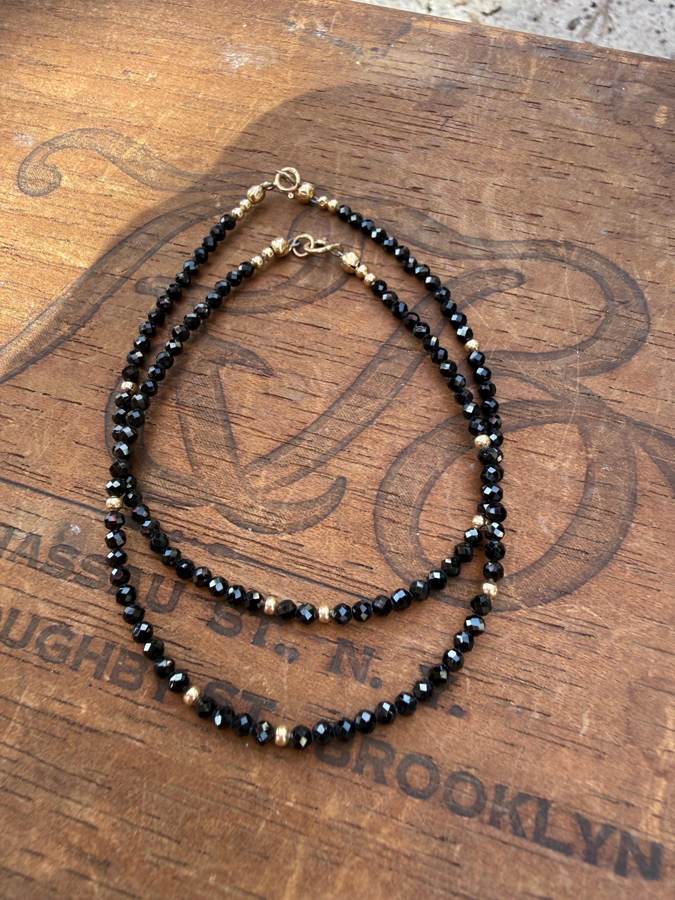 Black Tourmaline & 14k Gold Beaded Bracelet, size 6 3/4”