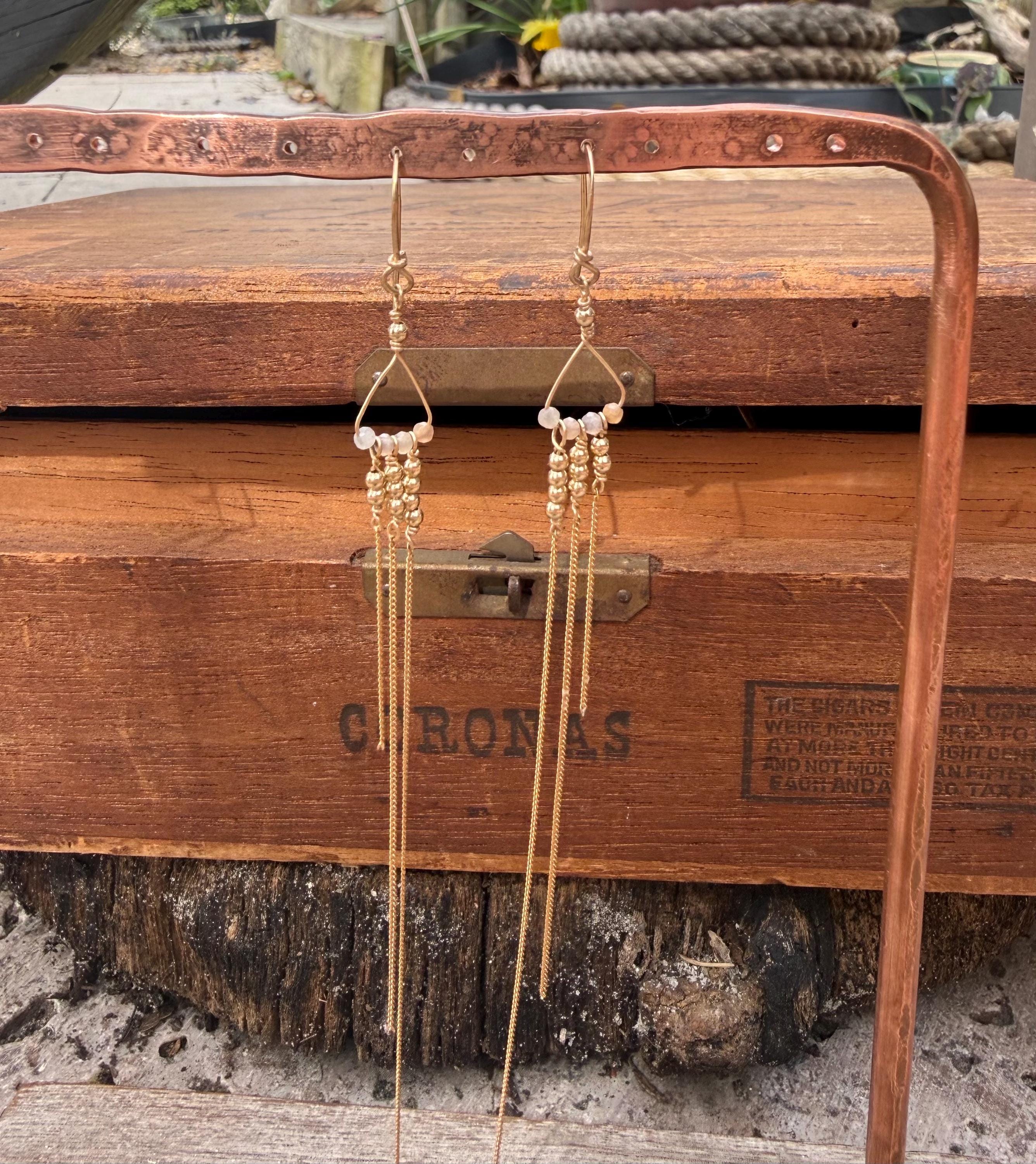 Peach Moonstone & Chain Extra Long Fringe Dangle Earrings in 14kgf, Handmade