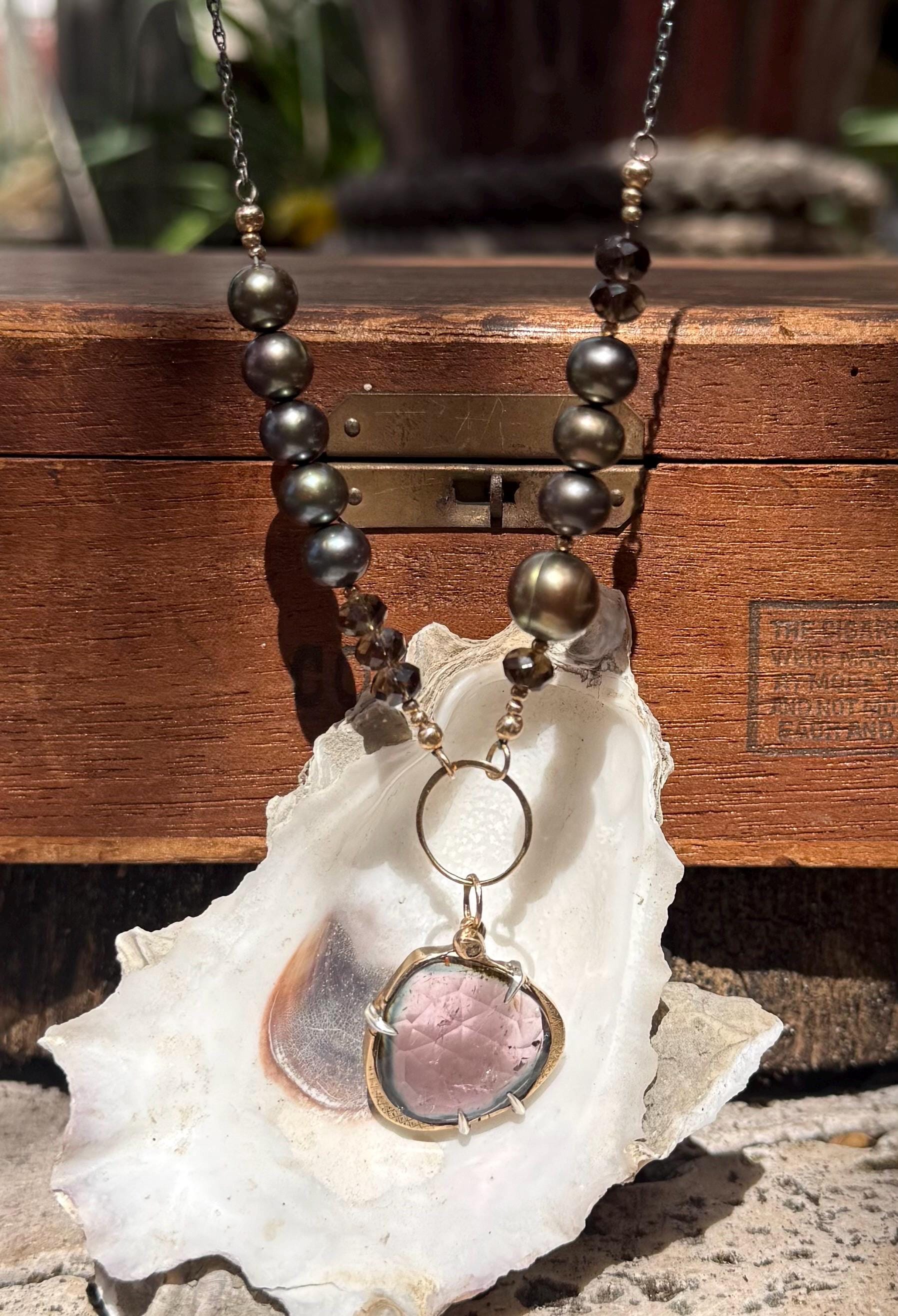 Watermelon Tourmaline Snake Necklace: 14k Gold, Diamond, Pearls, Smoky Topaz