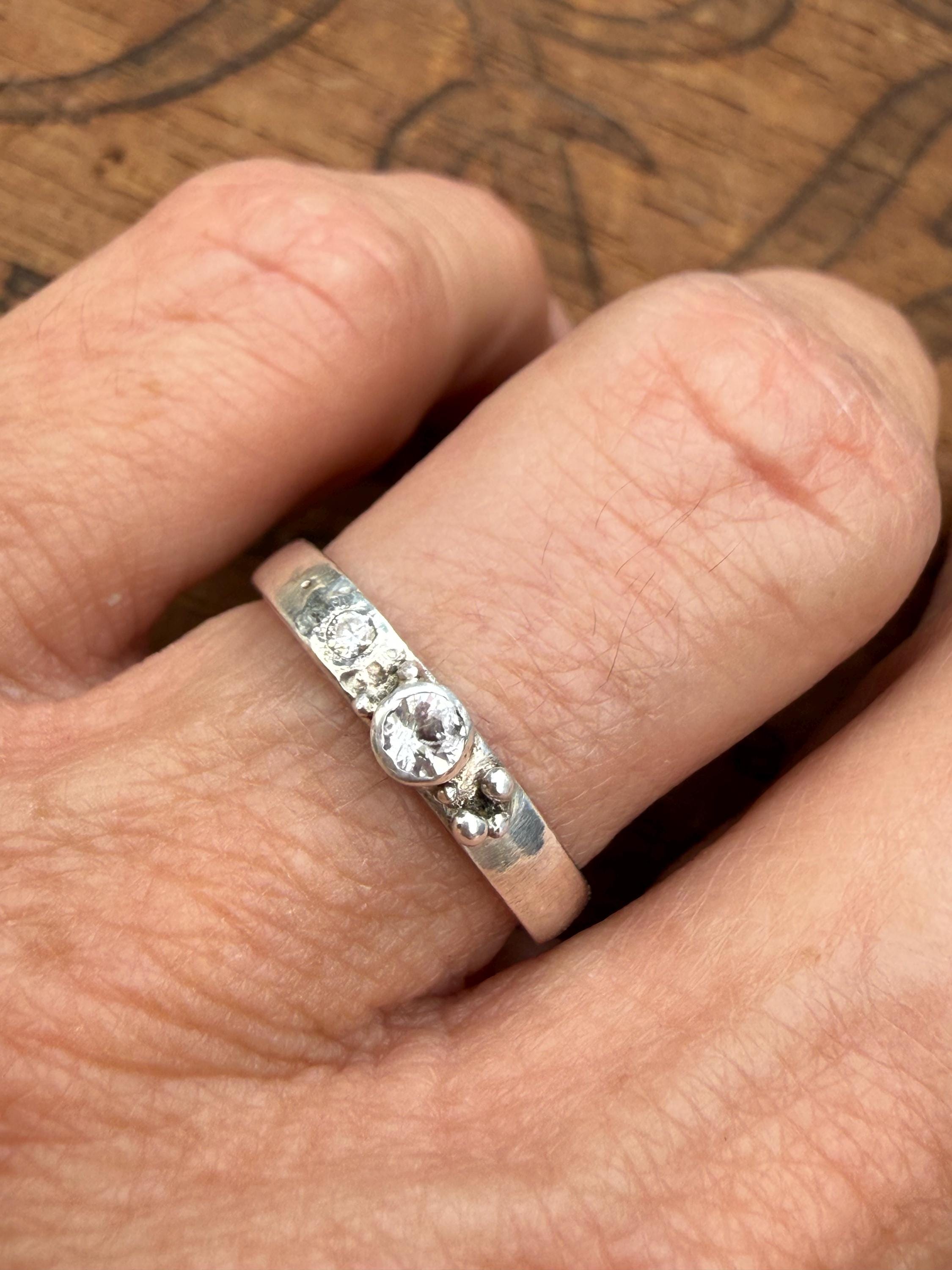 White Sapphire and Diamond Sterling Silver Band, Size 6 3/4