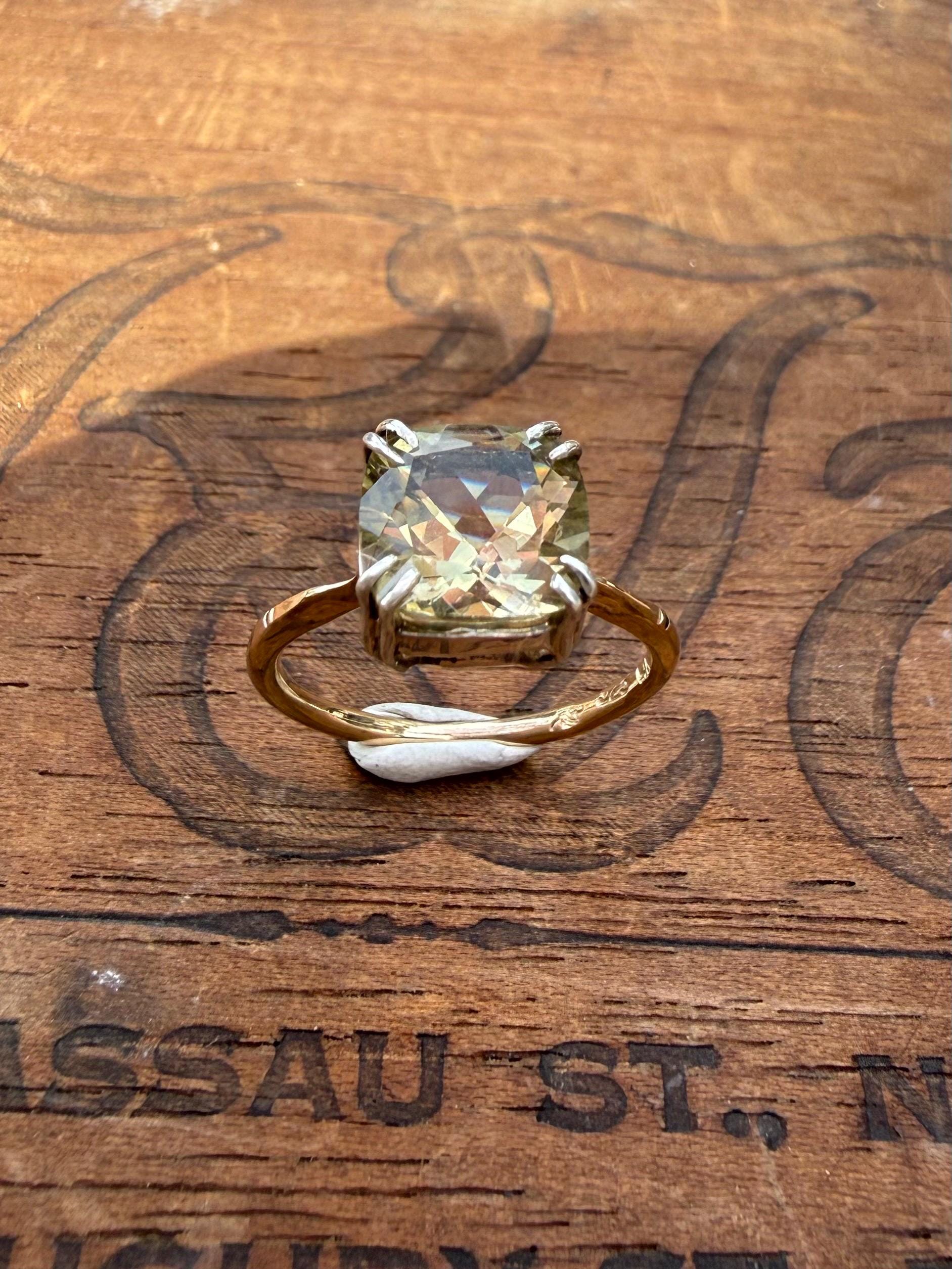 Handmade 2.3 Carats of Lemon Quartz Estate Stone and Vintage 14k Gold Band & Sterling Silver, Size 6.5