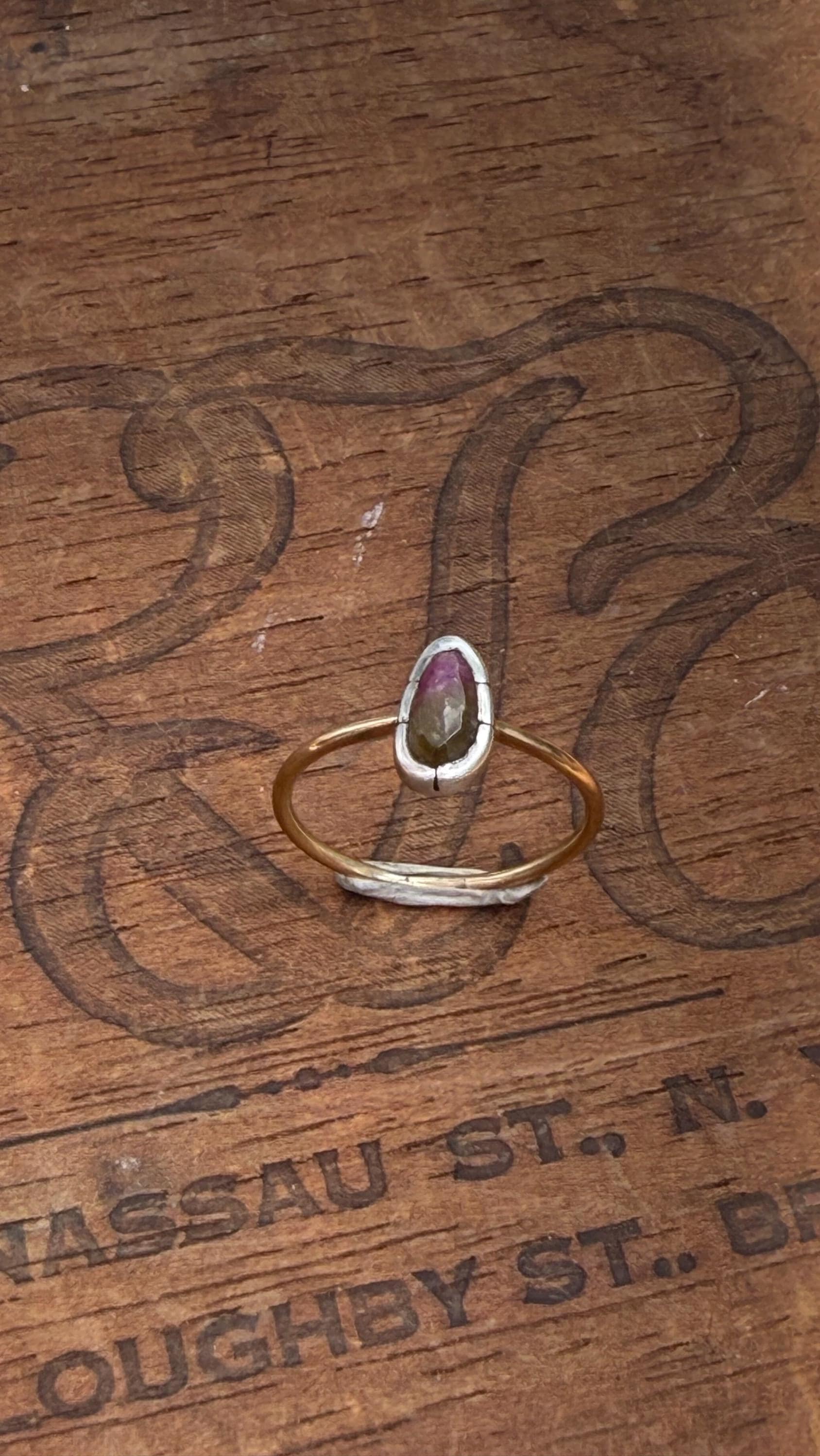 Rose Cut Watermelon Tourmaline Ring: Sterling Silver & 14K Gold, Size 8.25
