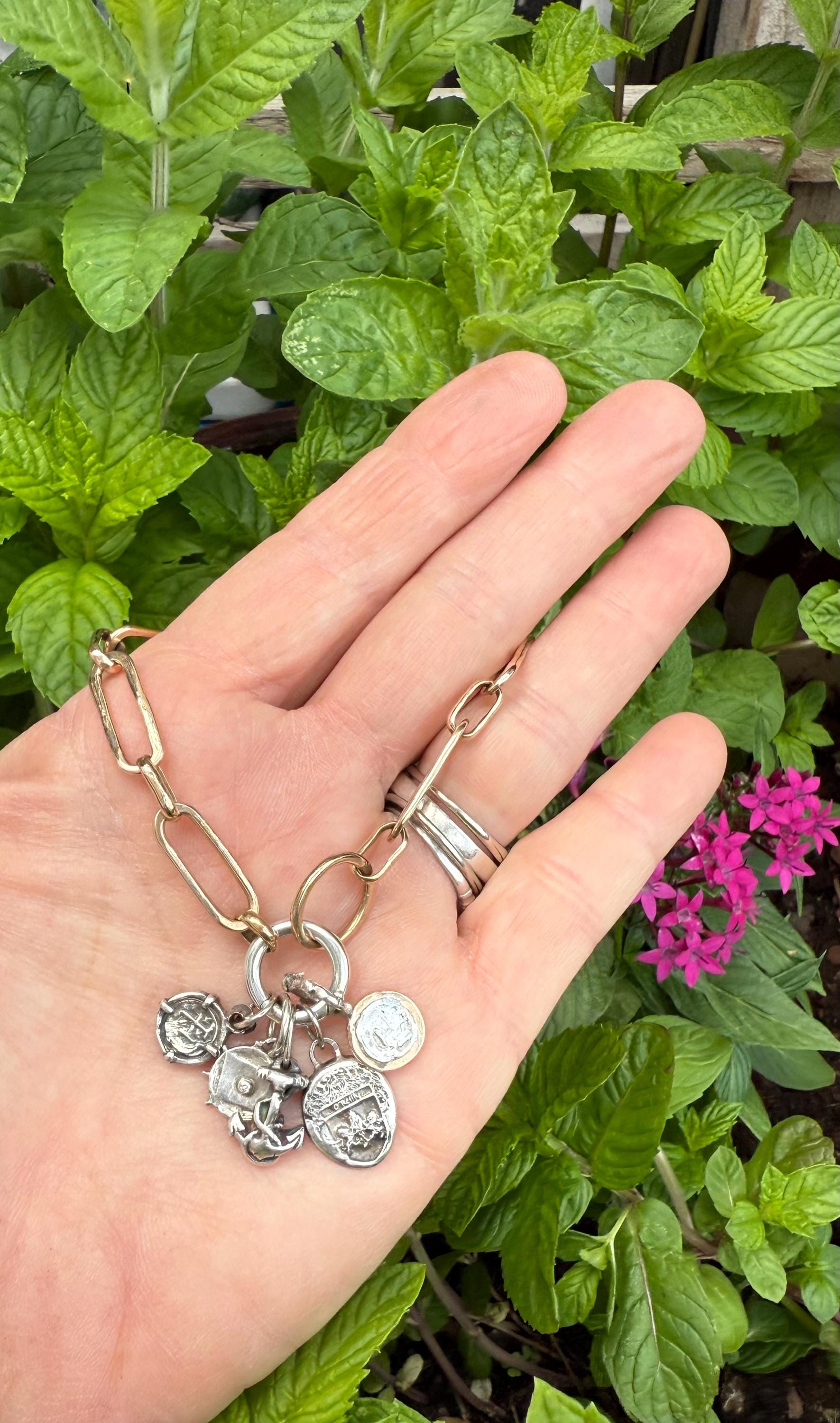 Hand-Forged 14KGF Paperclip Bracelet with Fine Silver Charms