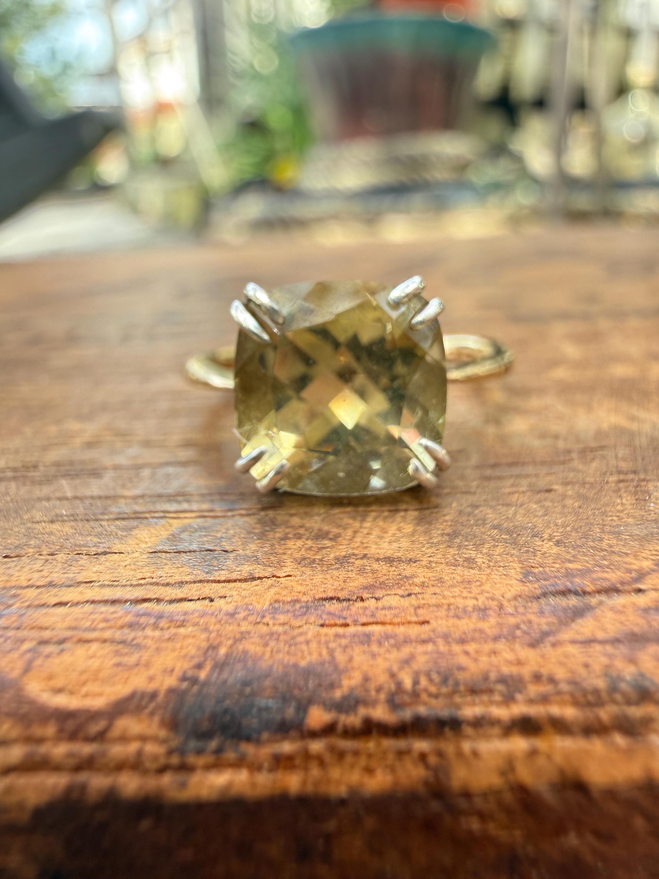 Handmade 2.3 Carats of Lemon Quartz Estate Stone and Vintage 14k Gold Band & Sterling Silver, Size 6.5