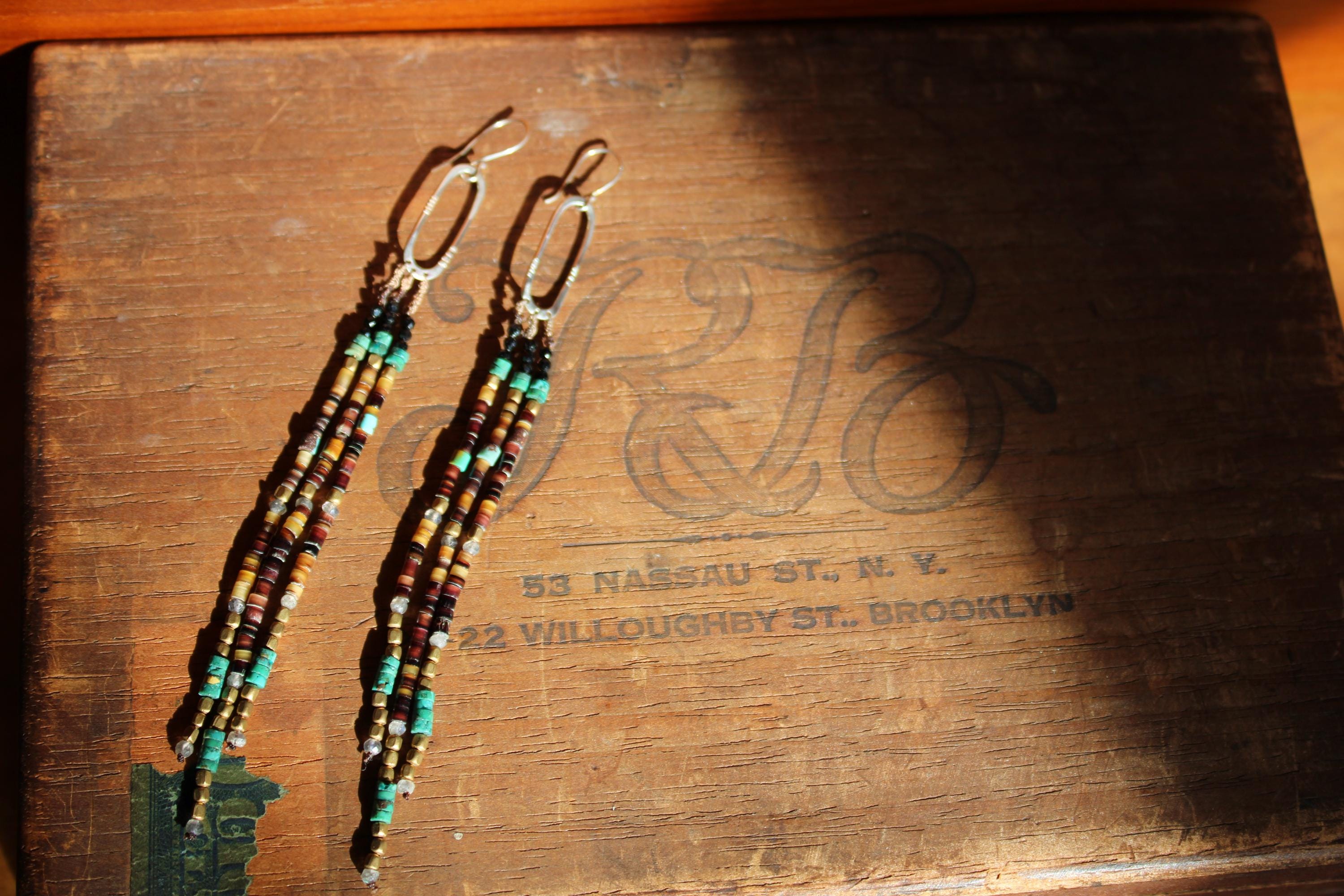 Gypsy Earrings with Shell, Labradorite, Turquoise, Black Tourmaline & Brass beads and Sterling Silver.