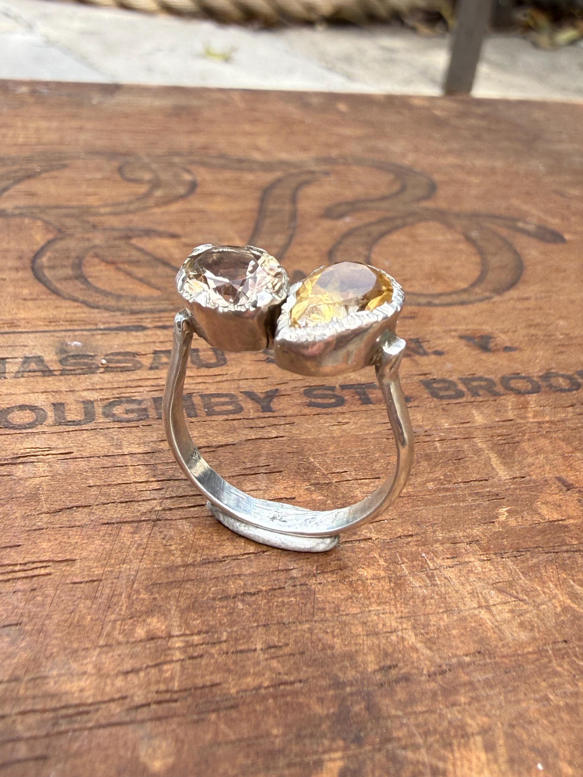 Hand-forged Sterling Silver Ring with Citrine Gemstones, size 6 3/4.