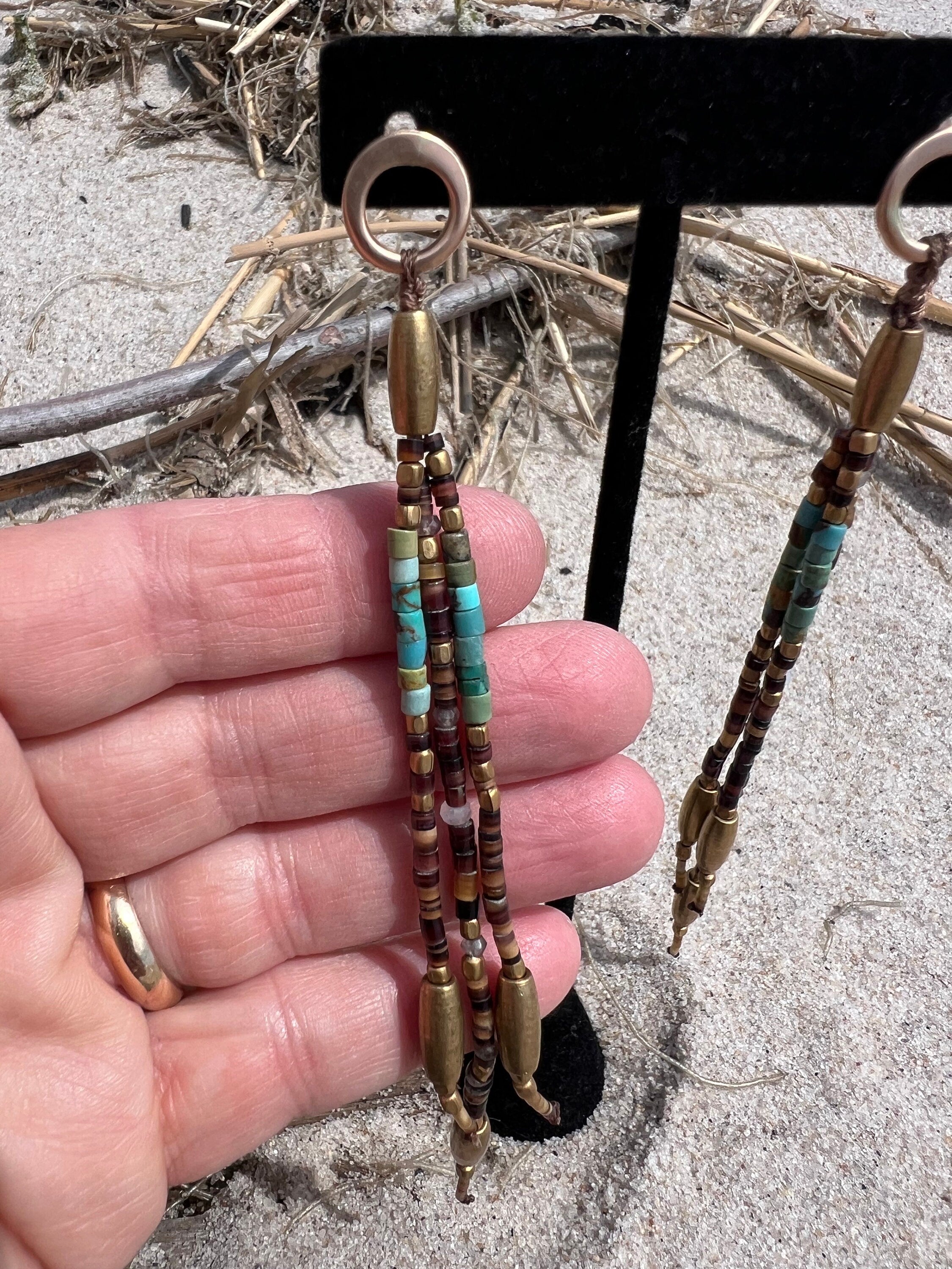 Gypsy Earrings with Shell, Labradorite, Turquoise, Moonstone, & Brass beads and 14kgf with SS Posts.
