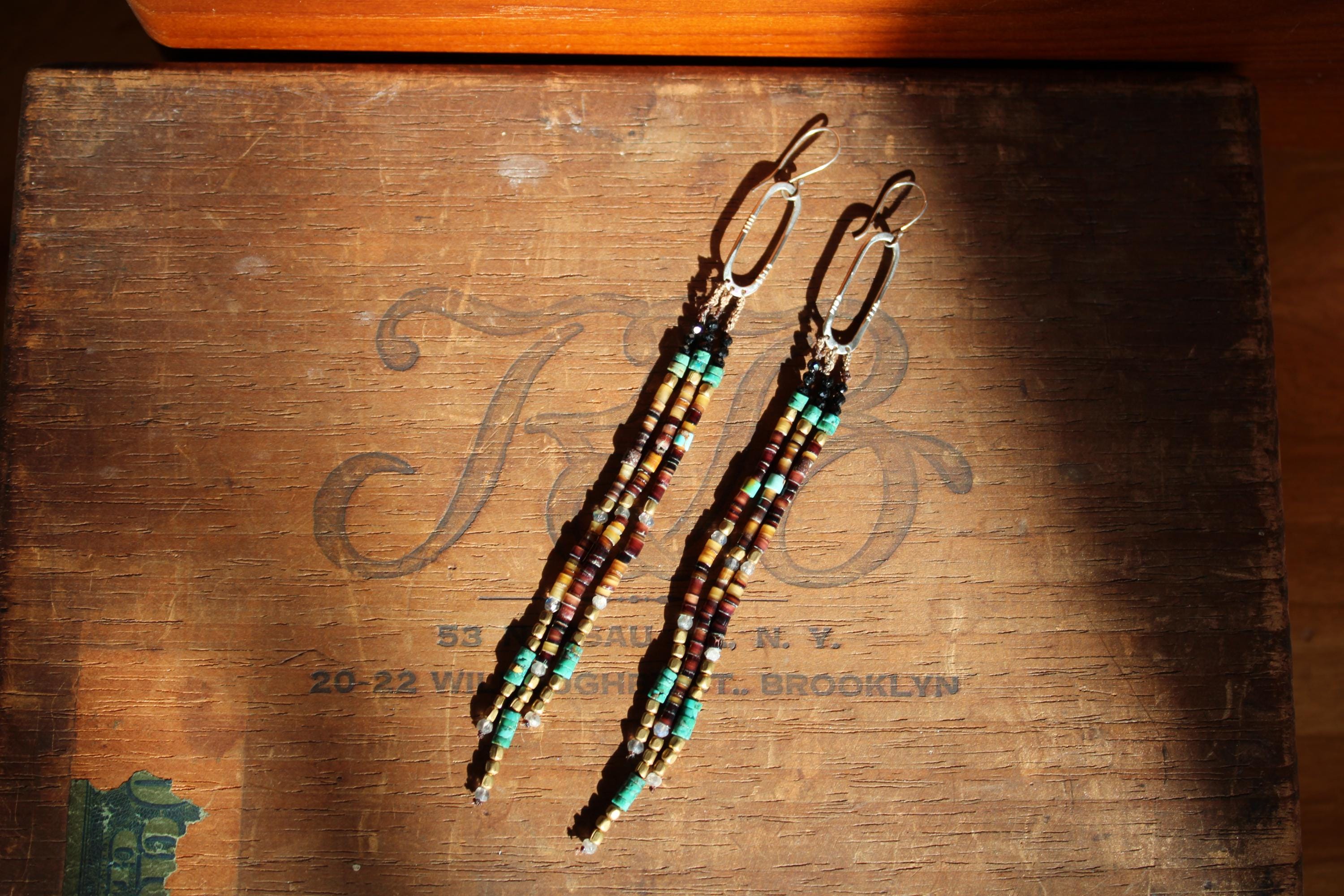 Gypsy Earrings with Shell, Labradorite, Turquoise, Black Tourmaline & Brass beads and Sterling Silver.